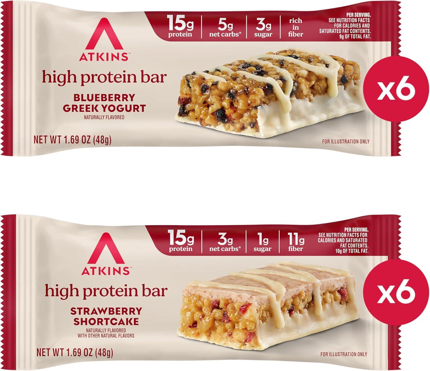 image:imageAtkins Blueberry Greek Yogurt amp Strawberry Shortcake High Protein Bar High Fiber Keto Friendly 12 Count 6 Bars Each FlavorSnack Food Bar