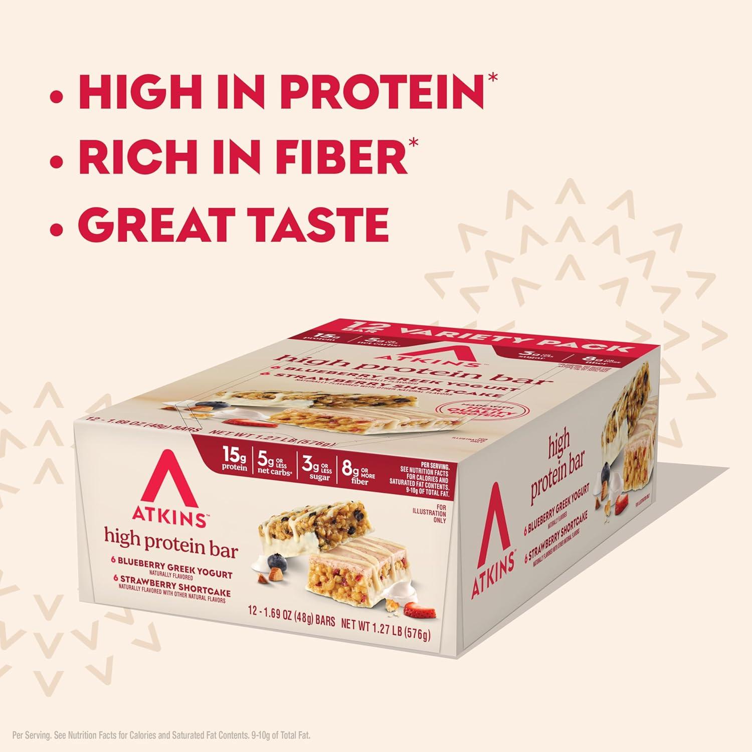 image:imageAtkins Blueberry Greek Yogurt amp Strawberry Shortcake High Protein Bar High Fiber Keto Friendly 12 Count 6 Bars Each FlavorSnack Food Bar