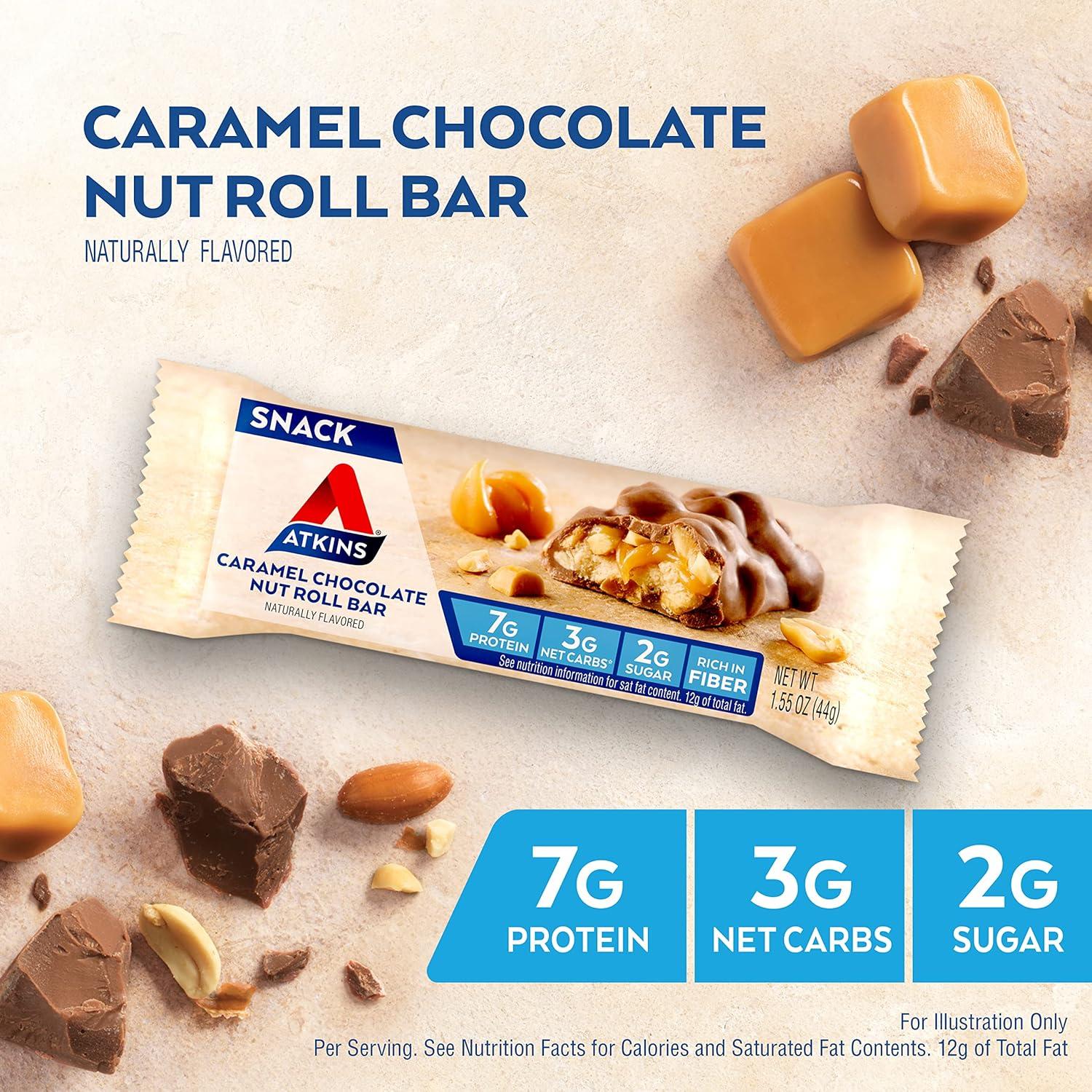 image:imageAtkins Caramel Chocolate Nut Roll Snack Bar Protein Snack 7g Protein 2g Sugar High Fiber Snack 16 CountCaramel Chocolate Nut Roll