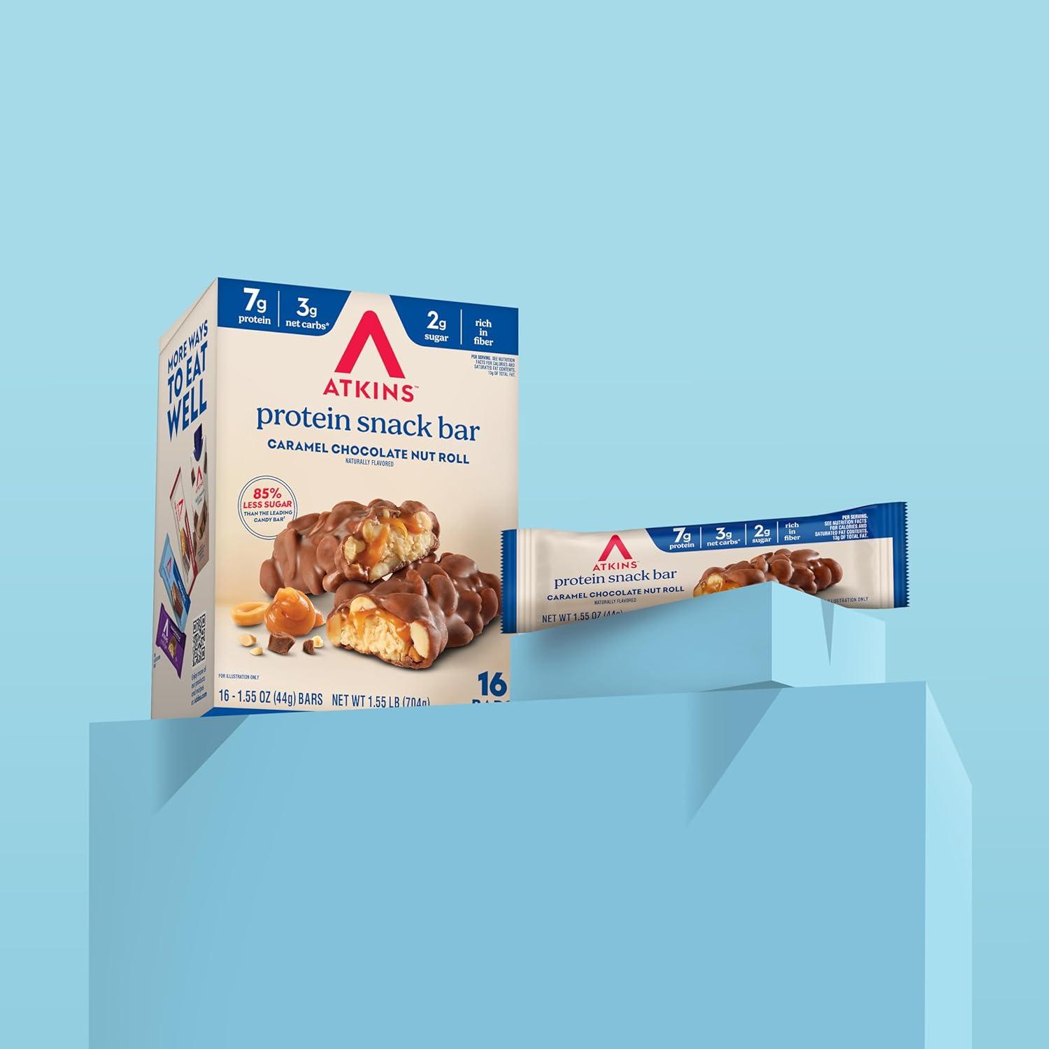 image:imageAtkins Caramel Chocolate Nut Roll Snack Bar Protein Snack 7g Protein 2g Sugar High Fiber Snack 16 CountCaramel Chocolate Nut Roll
