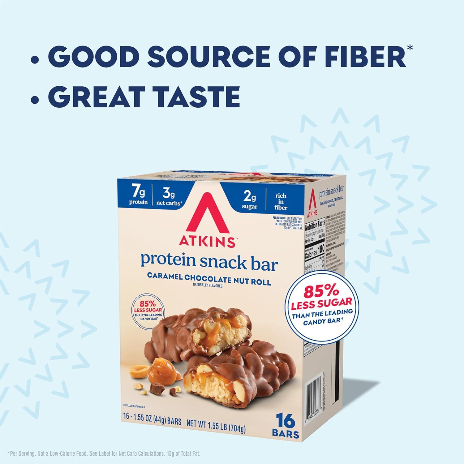 image:imageAtkins Caramel Chocolate Nut Roll Snack Bar Protein Snack 7g Protein 2g Sugar High Fiber Snack 16 CountCaramel Chocolate Nut Roll