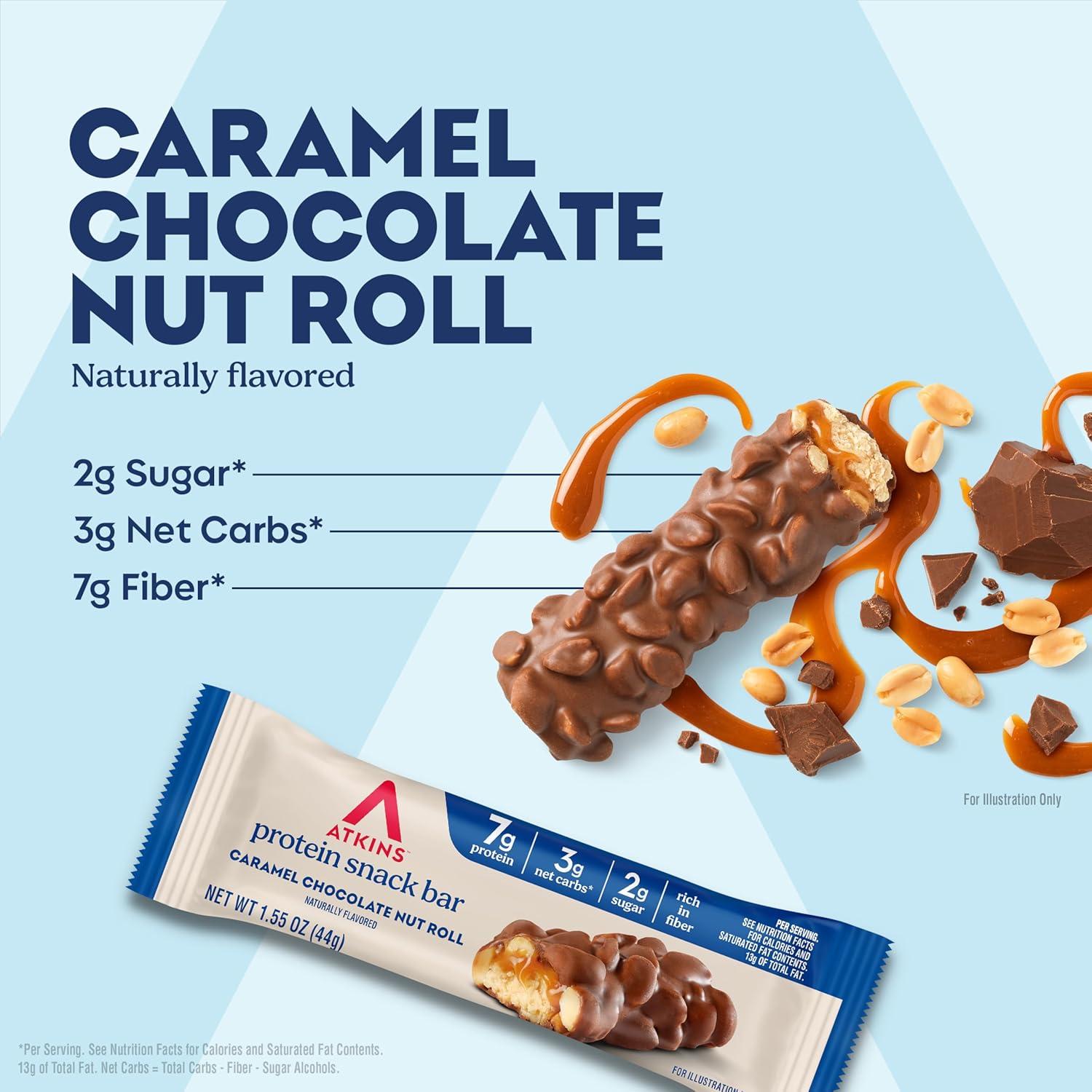 image:imageAtkins Caramel Chocolate Nut Roll Snack Bar Protein Snack 7g Protein 2g Sugar High Fiber Snack 16 CountCaramel Chocolate Nut Roll