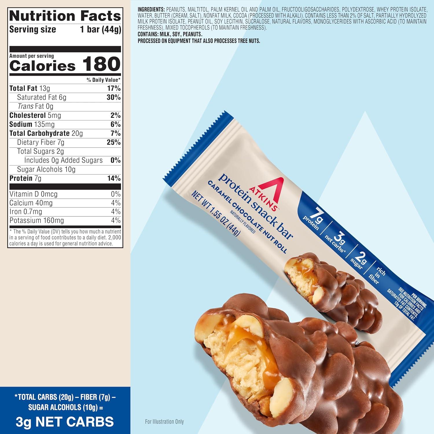 image:imageAtkins Caramel Chocolate Nut Roll Snack Bar Protein Snack 7g Protein 2g Sugar High Fiber Snack 16 CountCaramel Chocolate Nut Roll