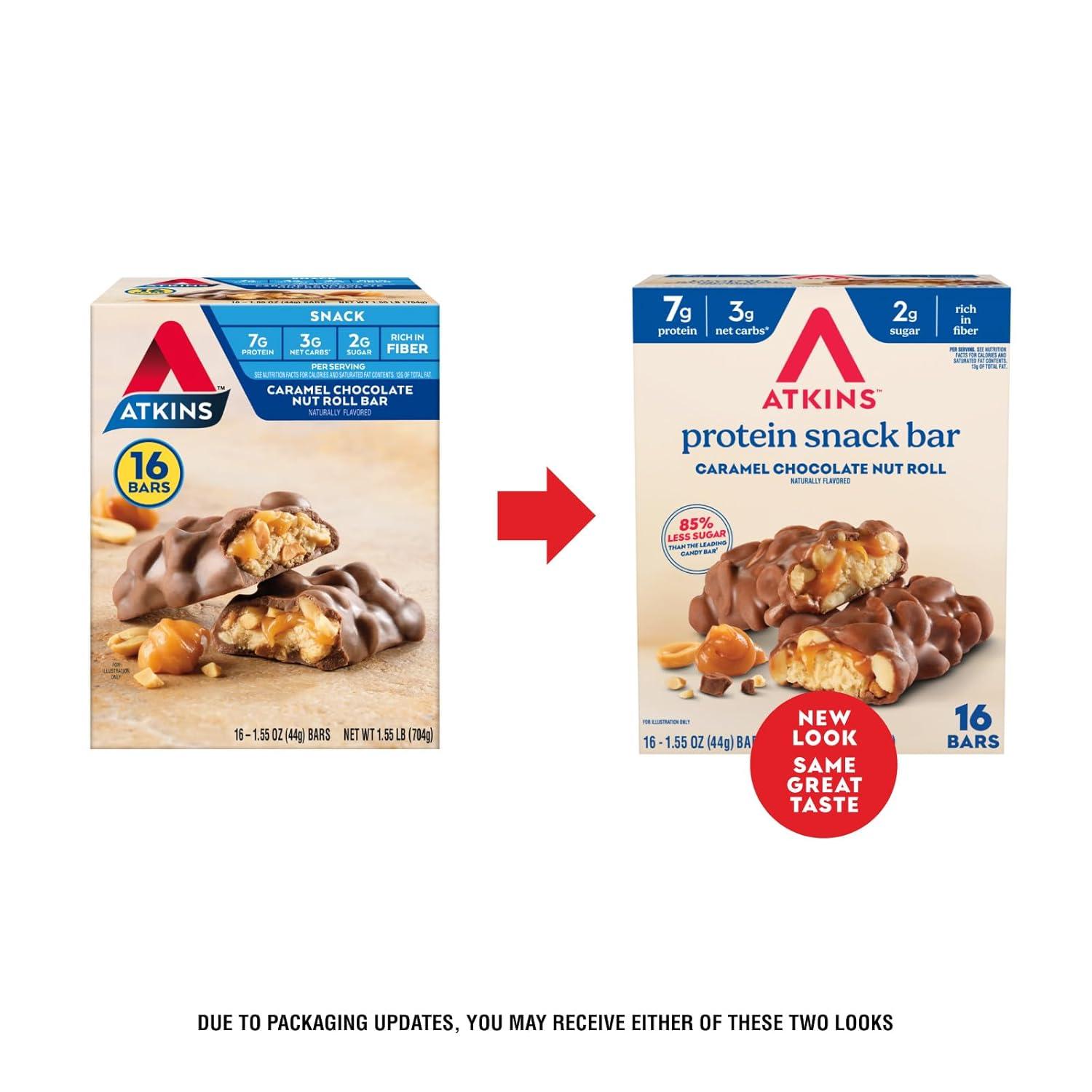 image:imageAtkins Caramel Chocolate Nut Roll Snack Bar Protein Snack 7g Protein 2g Sugar High Fiber Snack 16 CountCaramel Chocolate Nut Roll