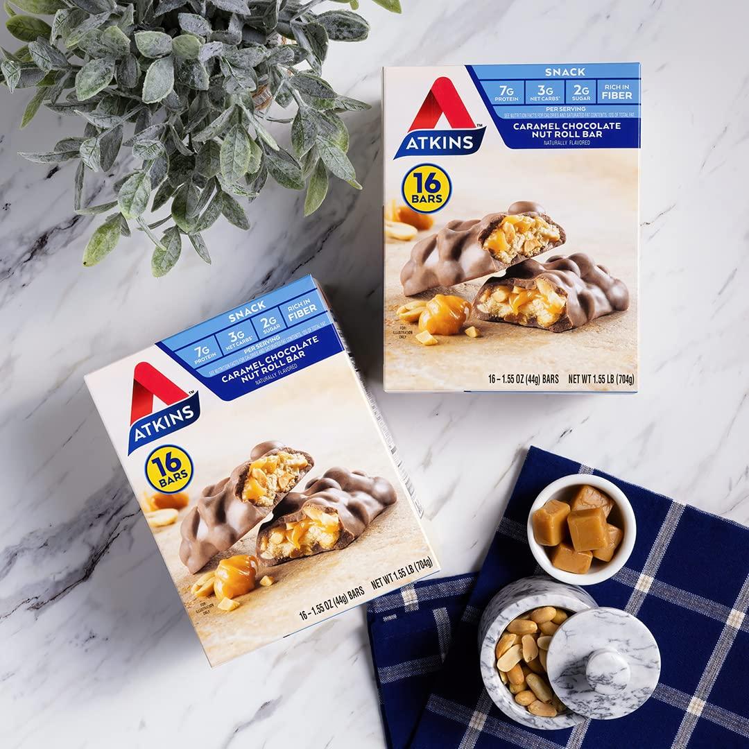 image:imageAtkins Caramel Chocolate Nut Roll Snack Bar Protein Snack 7g Protein 2g Sugar High Fiber Snack 16 CountCaramel Chocolate Nut Roll