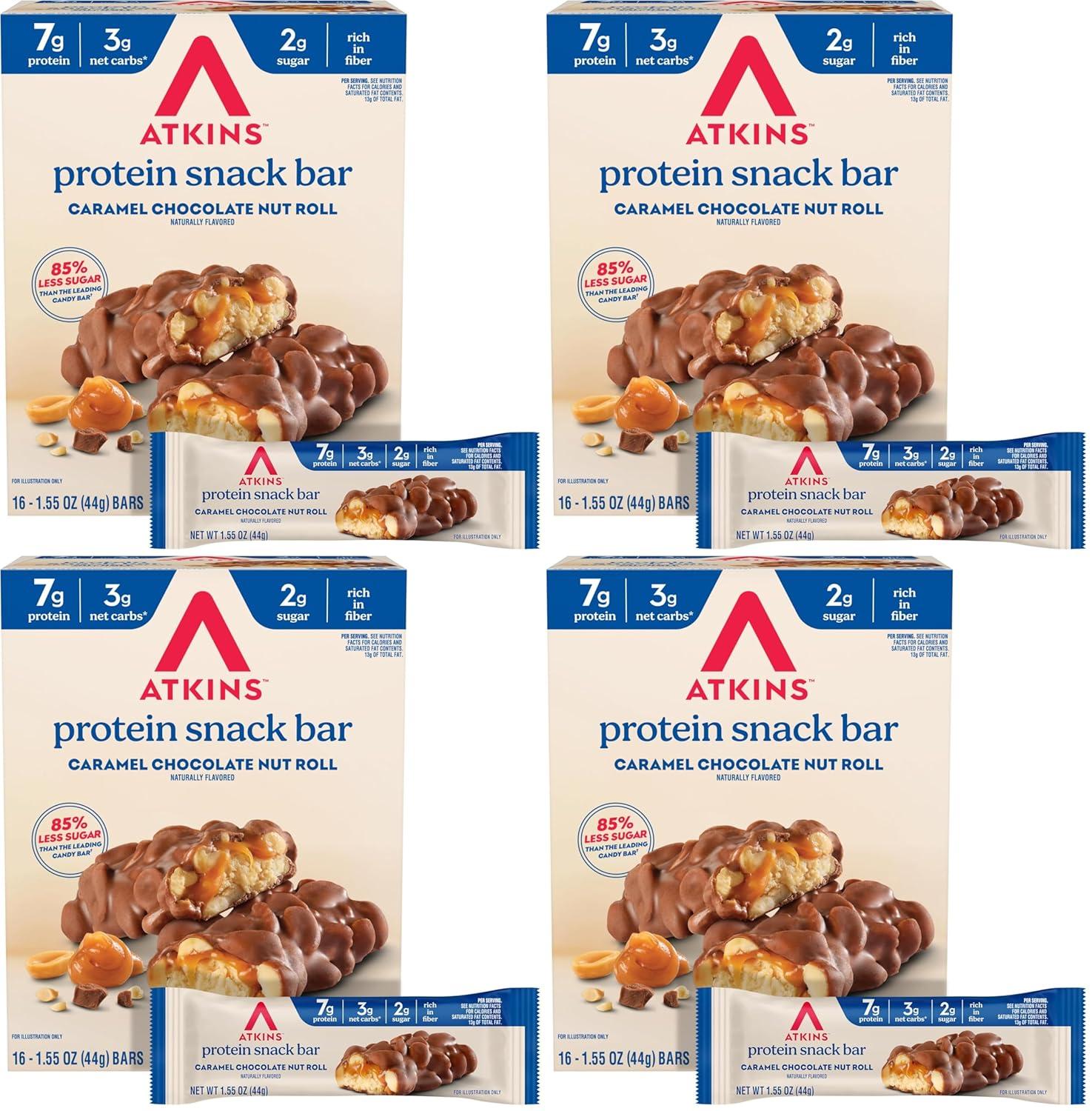 image:imageAtkins Caramel Chocolate Nut Roll Snack Bar Protein Snack 7g Protein 2g Sugar High Fiber Snack 16 CountCaramel Chocolate Nut Roll
