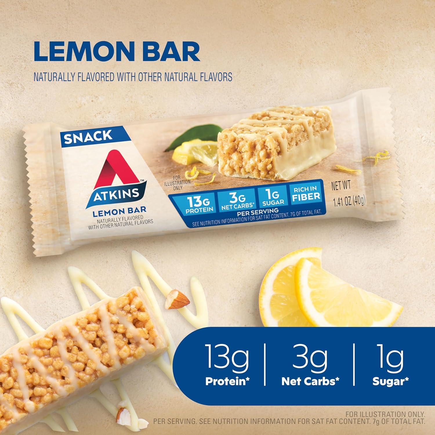 image:imageAtkins Caramel Chocolate Nut Roll Snack Bar Protein Snack 7g Protein 2g Sugar High Fiber Snack 16 CountLemon Bar