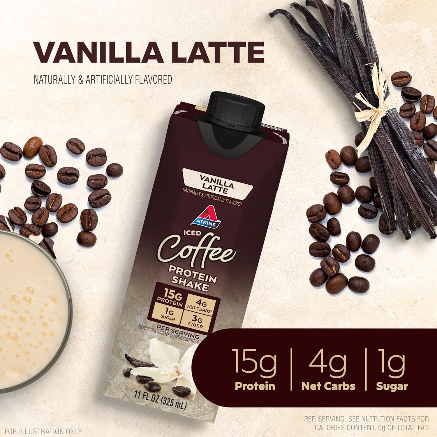image:imageAtkins Chai Tea Latte Flavored Protein Shake High Protein Shake Low Glycemic Low Carb Low Sugar Keto Friendly Gluten Free Ready to Drink Protein Shake 12 count 3 sets of 4Vanilla Latte
