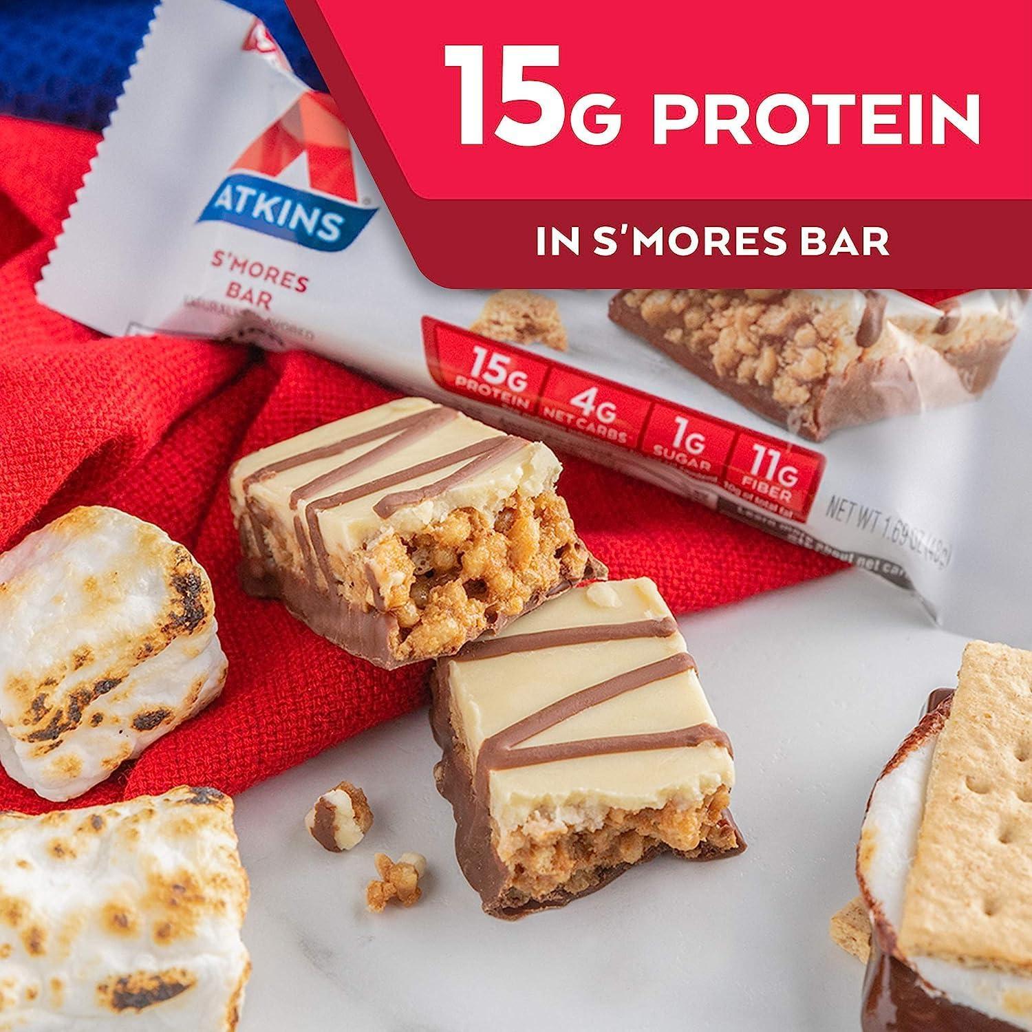 image:imageAtkins Chocolate Almond Caramel High Protein Bars Keto Snacks 15g Protein 3g Net Carbs 1g Sugar Gluten Free Protein Bars High Fiber Snacks Low Sugar 4 Count Pack of 6Smores
