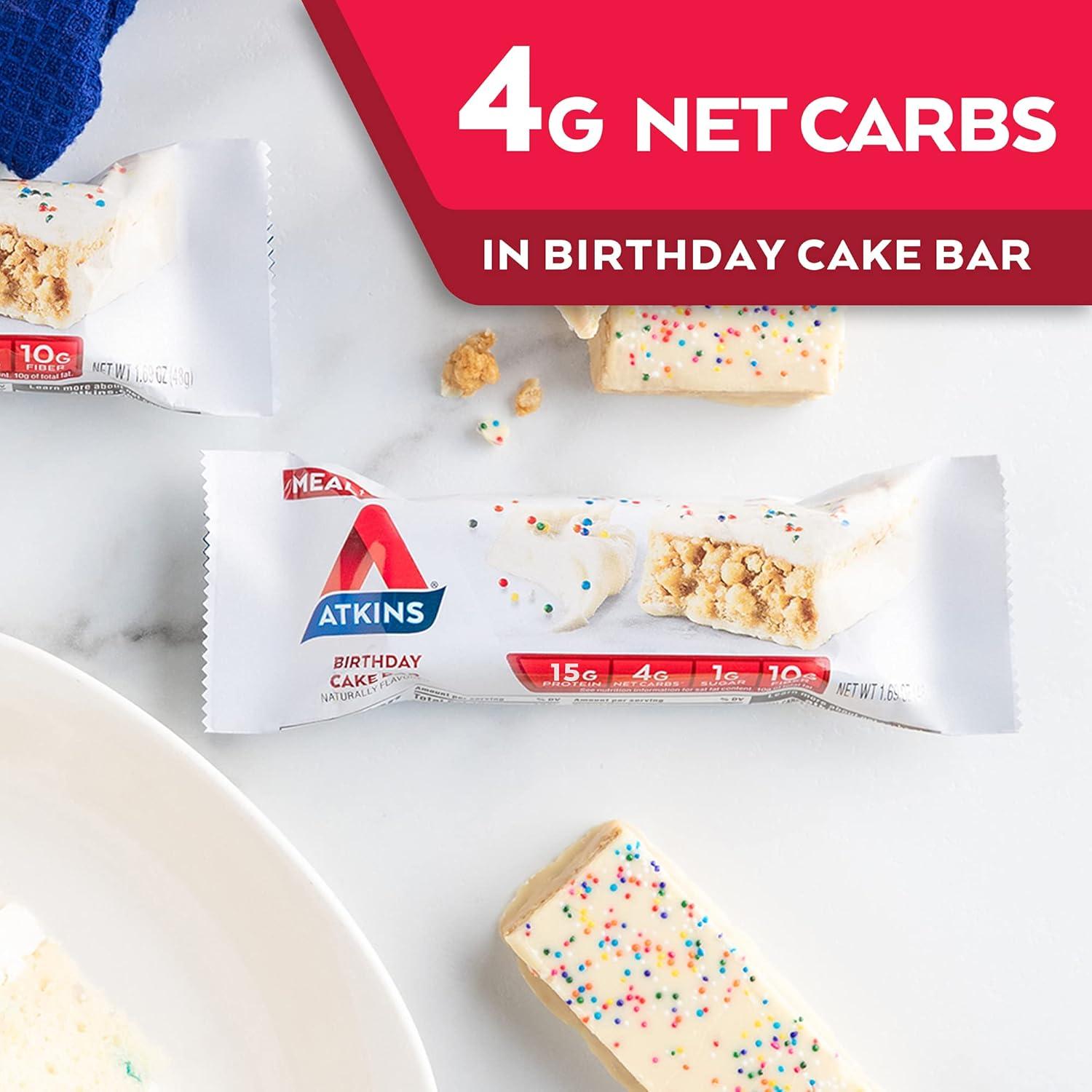 image:imageAtkins Chocolate Almond Caramel High Protein Bars Keto Snacks 15g Protein 3g Net Carbs 1g Sugar Gluten Free Protein Bars High Fiber Snacks Low Sugar 4 Count Pack of 6Birthday Cake