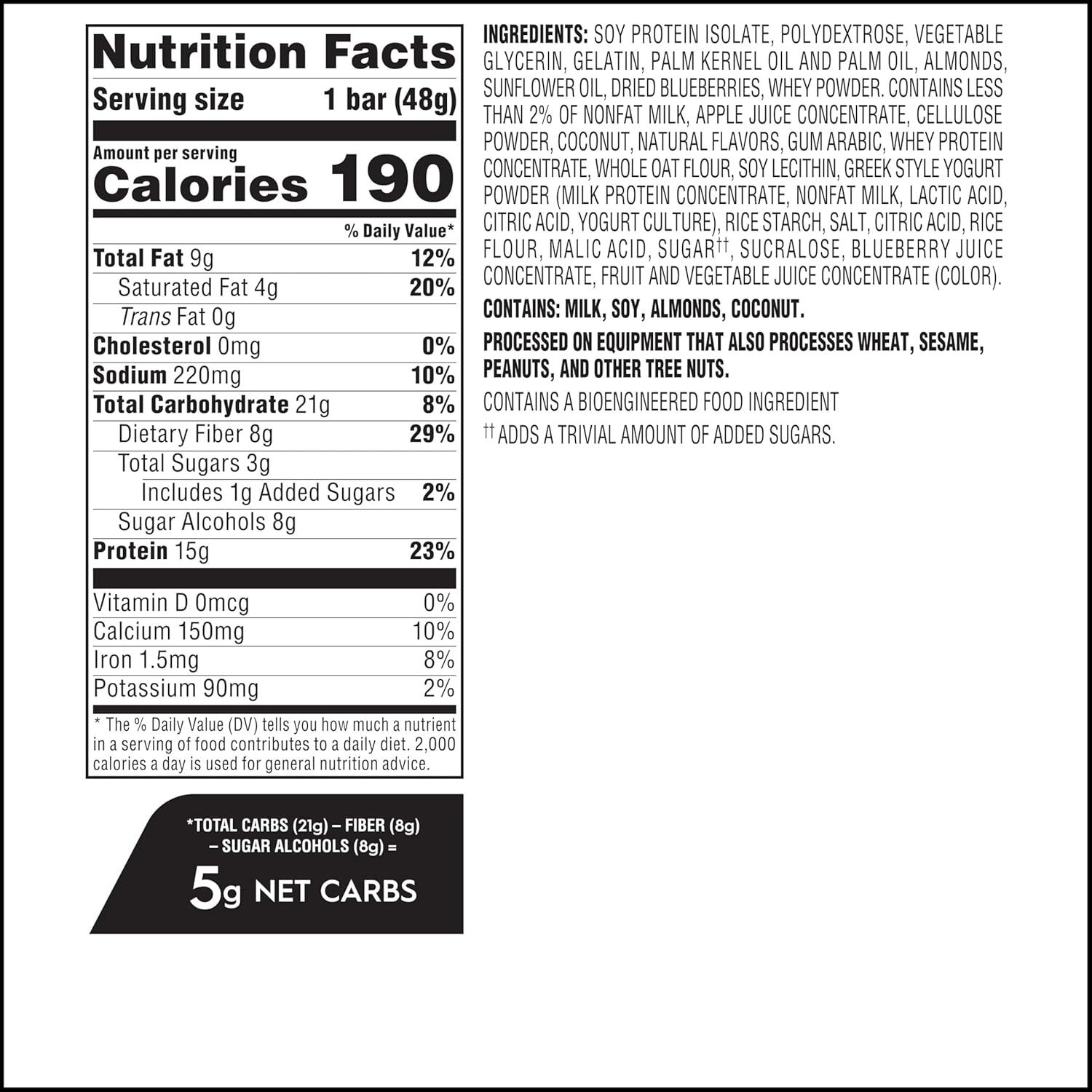 image:imageAtkins Chocolate Almond Caramel High Protein Bars Keto Snacks 15g Protein 3g Net Carbs 1g Sugar Gluten Free Protein Bars High Fiber Snacks Low Sugar 4 Count Pack of 6Blueberry Greek Yogurt