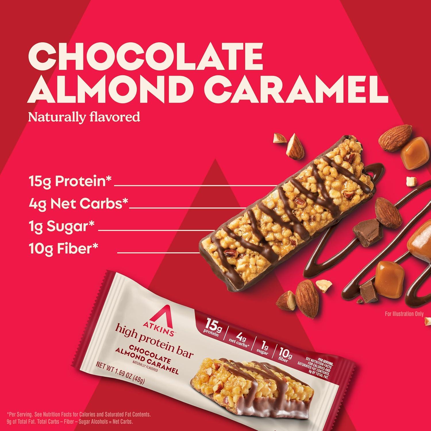 image:imageAtkins Chocolate Almond Caramel High Protein Bars Keto Snacks 15g Protein 3g Net Carbs 1g Sugar Gluten Free Protein Bars High Fiber Snacks Low Sugar 4 Count Pack of 6Chocolate Caramel Almond