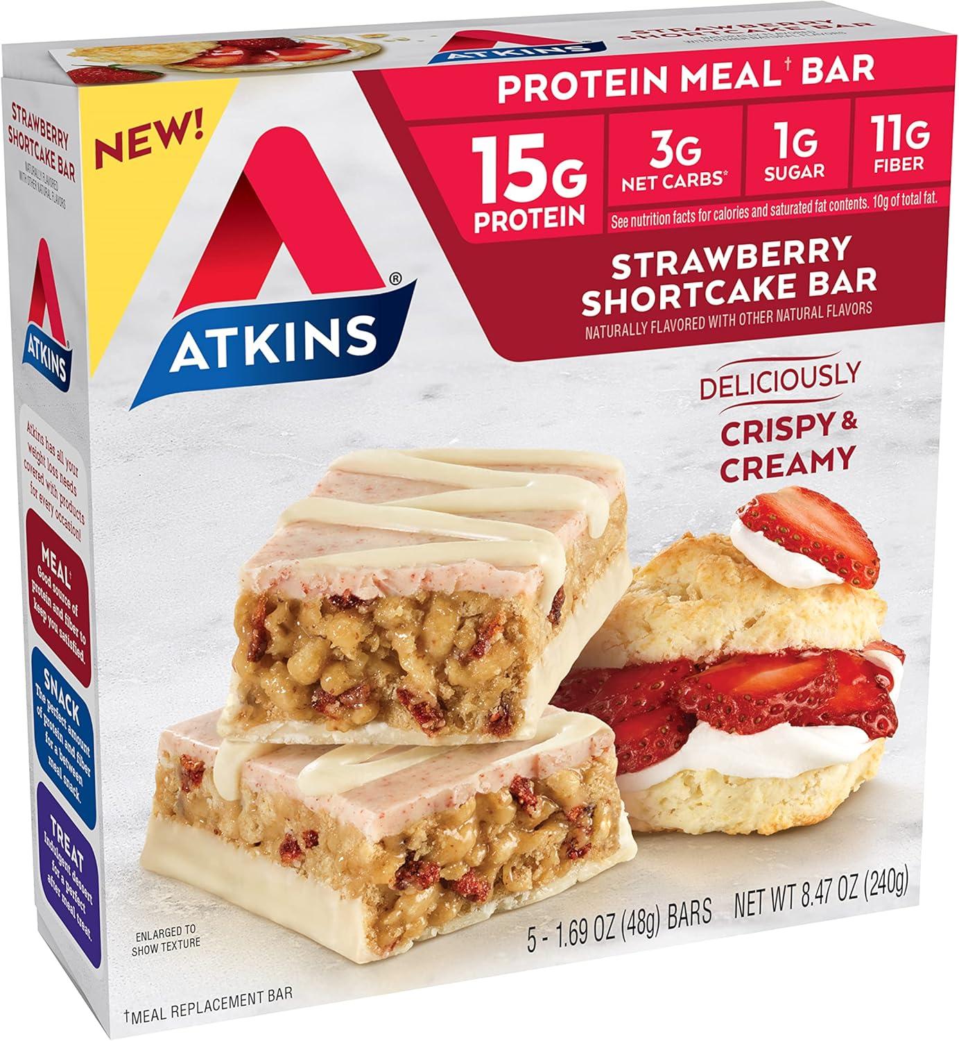 image:imageAtkins Chocolate Almond Caramel High Protein Bars Keto Snacks 15g Protein 3g Net Carbs 1g Sugar Gluten Free Protein Bars High Fiber Snacks Low Sugar 4 Count Pack of 6Strawberry Shortcake