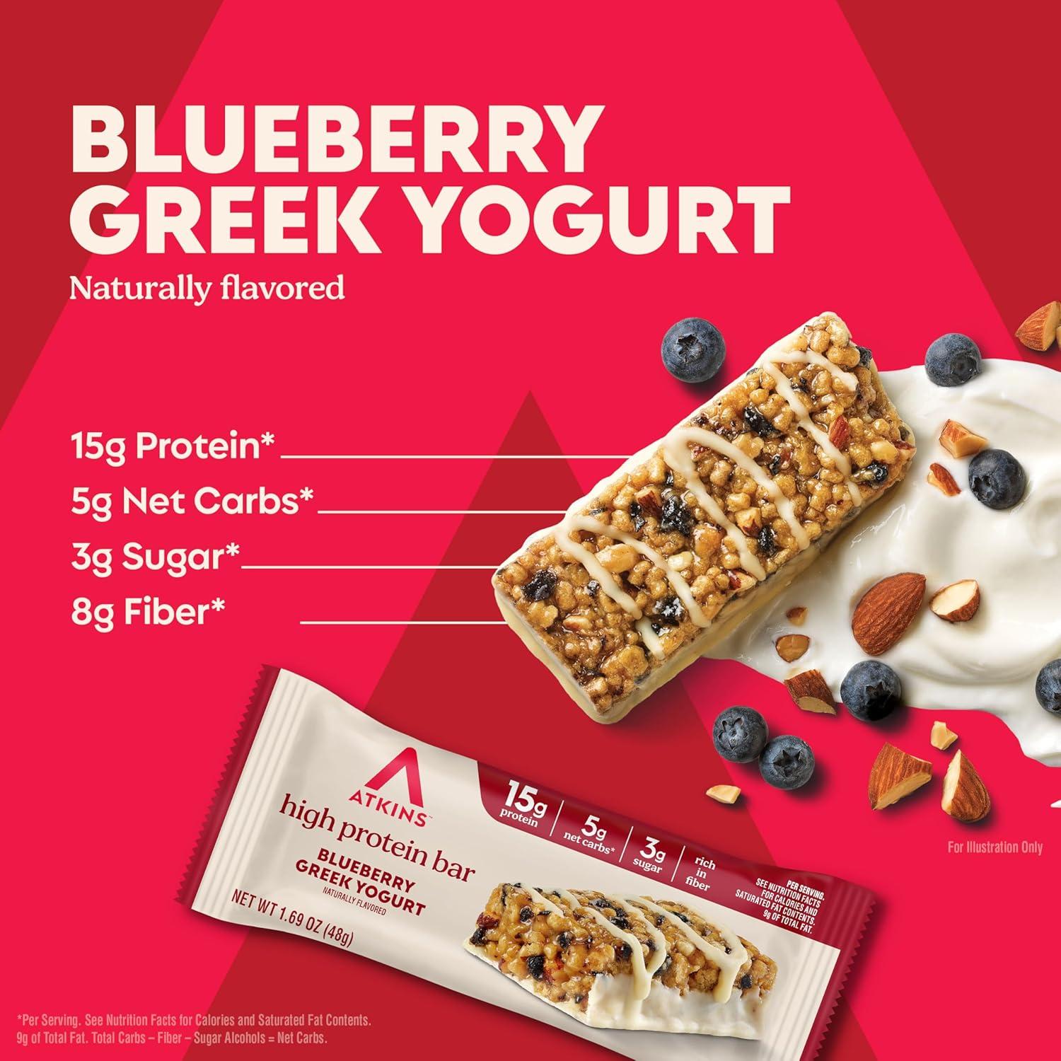 image:imageAtkins Chocolate Almond Caramel High Protein Bars Keto Snacks 15g Protein 3g Net Carbs 1g Sugar Gluten Free Protein Bars High Fiber Snacks Low Sugar 4 Count Pack of 6Blueberry Greek Yogurt