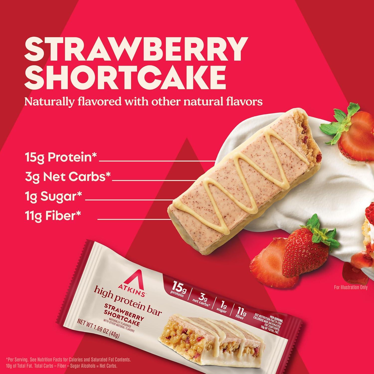 image:imageAtkins Chocolate Almond Caramel High Protein Bars Keto Snacks 15g Protein 3g Net Carbs 1g Sugar Gluten Free Protein Bars High Fiber Snacks Low Sugar 4 Count Pack of 6Strawberry Shortcake
