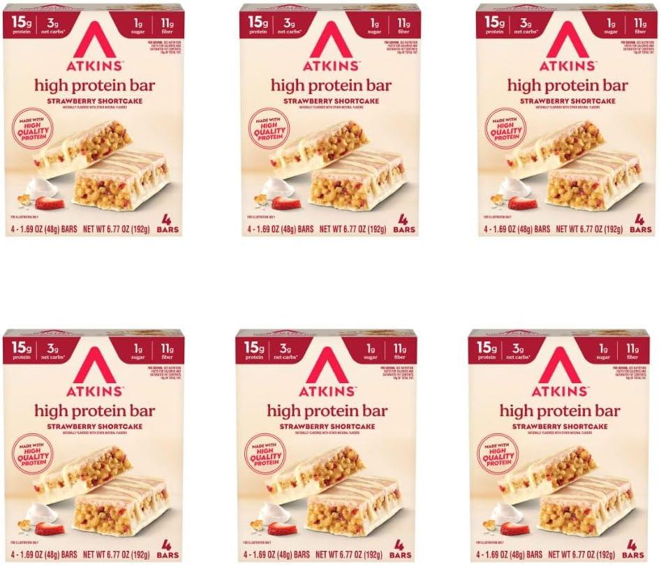 image:imageAtkins Chocolate Almond Caramel High Protein Bars Keto Snacks 15g Protein 3g Net Carbs 1g Sugar Gluten Free Protein Bars High Fiber Snacks Low Sugar 4 Count Pack of 6Strawberry Shortcake
