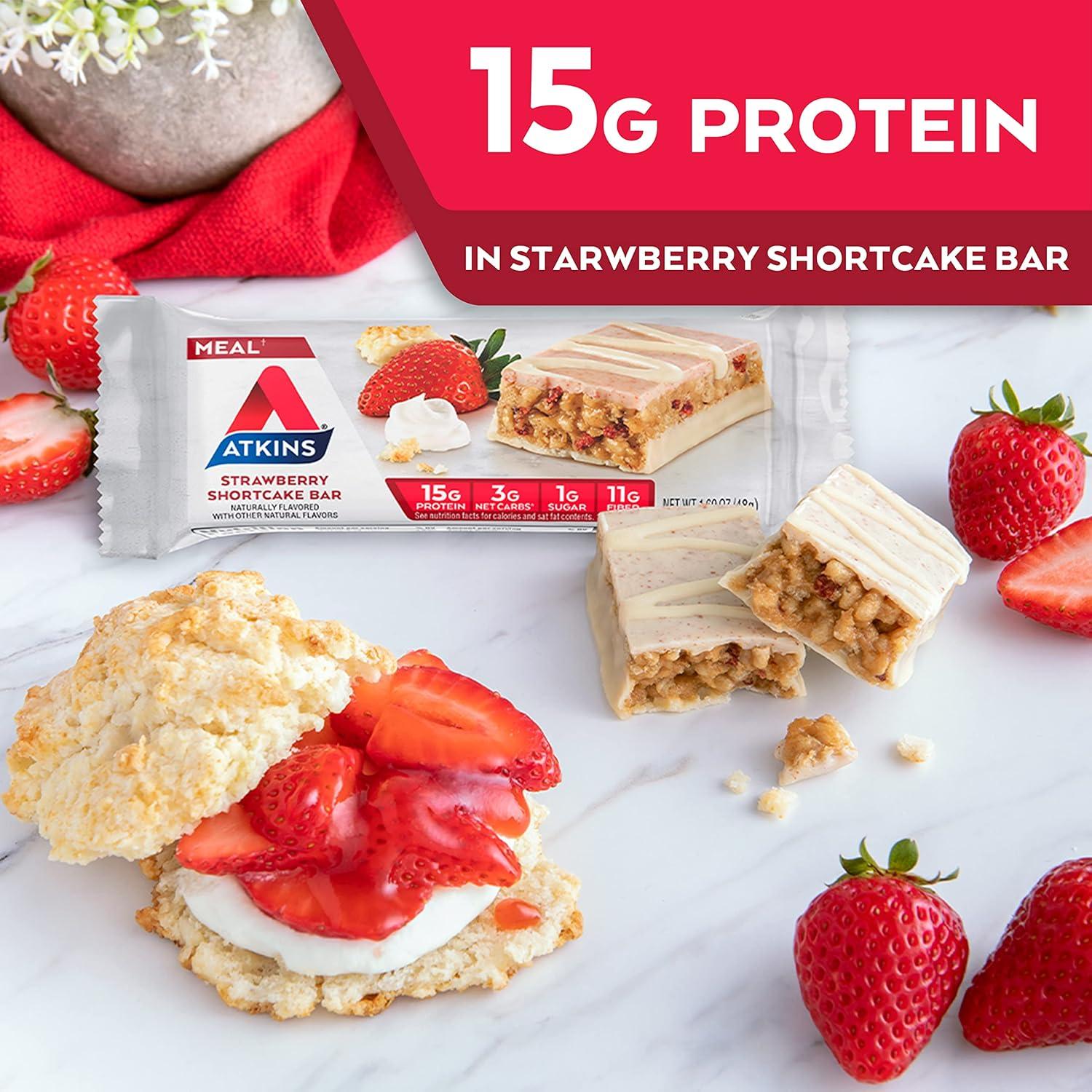 image:imageAtkins Chocolate Almond Caramel High Protein Bars Keto Snacks 15g Protein 3g Net Carbs 1g Sugar Gluten Free Protein Bars High Fiber Snacks Low Sugar 4 Count Pack of 6Strawberry Shortcake