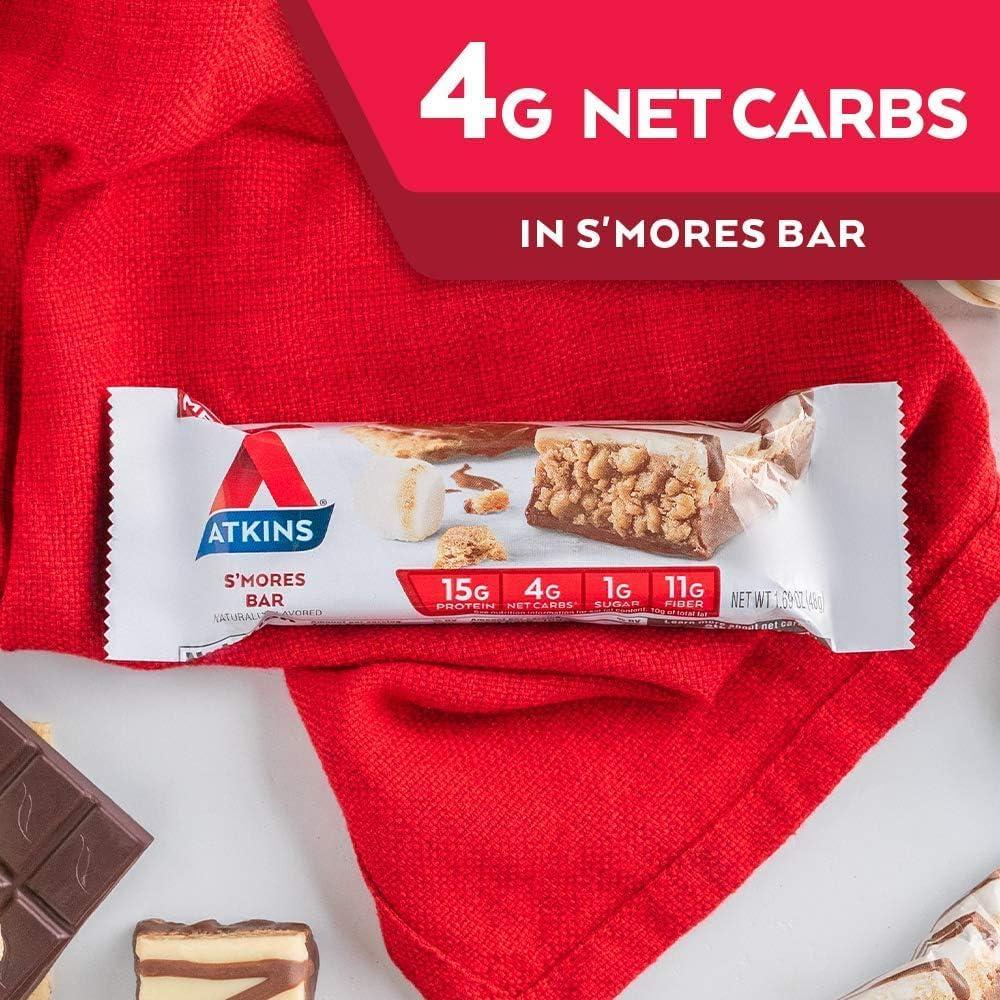 image:imageAtkins Chocolate Almond Caramel High Protein Bars Keto Snacks 15g Protein 3g Net Carbs 1g Sugar Gluten Free Protein Bars High Fiber Snacks Low Sugar 4 Count Pack of 6Smores
