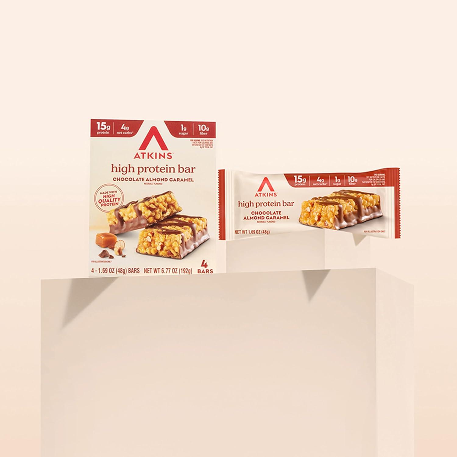 image:imageAtkins Chocolate Almond Caramel High Protein Bars Keto Snacks 15g Protein 3g Net Carbs 1g Sugar Gluten Free Protein Bars High Fiber Snacks Low Sugar 4 Count Pack of 6Chocolate Caramel Almond