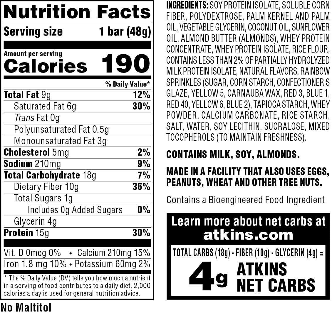 image:imageAtkins Chocolate Almond Caramel High Protein Bars Keto Snacks 15g Protein 3g Net Carbs 1g Sugar Gluten Free Protein Bars High Fiber Snacks Low Sugar 4 Count Pack of 6Birthday Cake