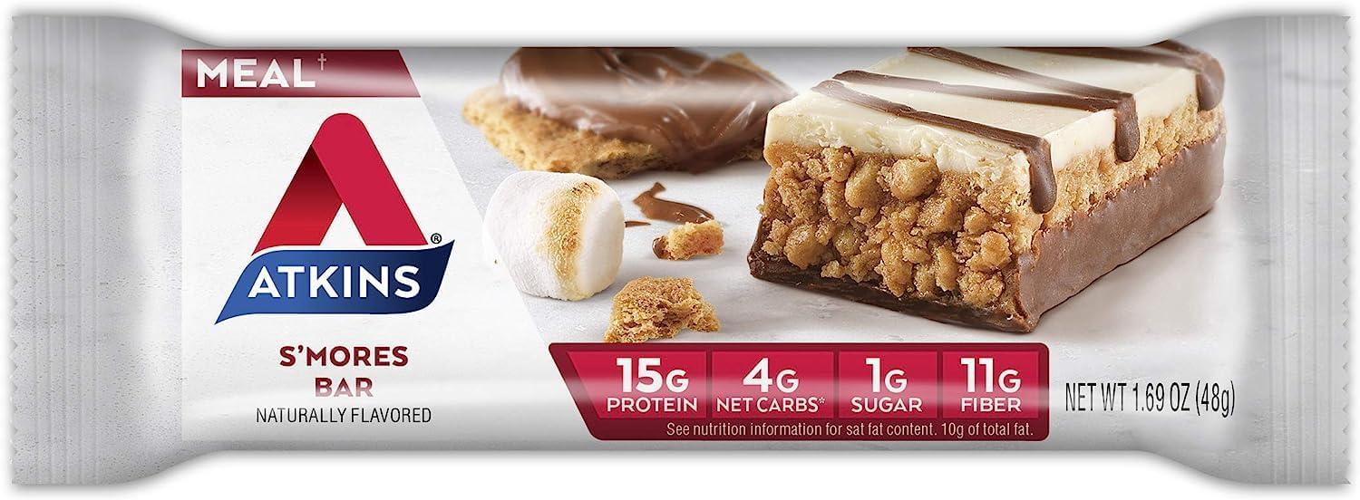 image:imageAtkins Chocolate Almond Caramel High Protein Bars Keto Snacks 15g Protein 3g Net Carbs 1g Sugar Gluten Free Protein Bars High Fiber Snacks Low Sugar 4 Count Pack of 6Smores