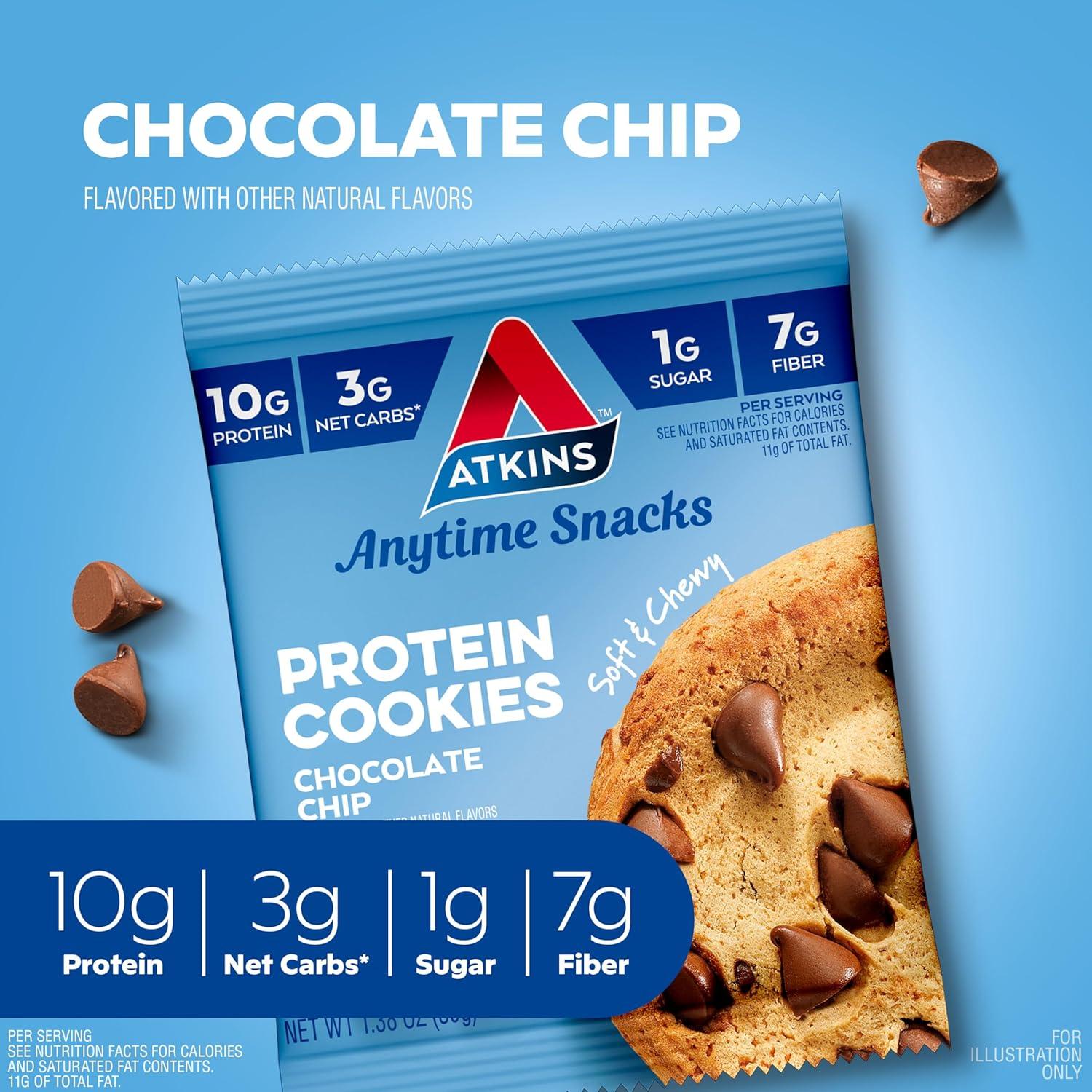 image:imageAtkins Chocolate Chip Protein Cookie Protein Dessert Rich in Fiber 3g Net Carb 1g Sugar Keto Friendly 4 CountChocolate Chip
