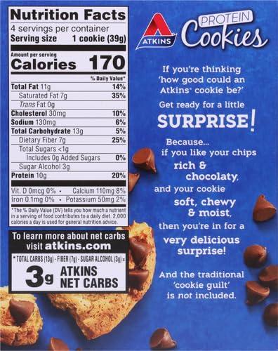 image:imageAtkins Chocolate Chip Protein Cookie Protein Dessert Rich in Fiber 3g Net Carb 1g Sugar Keto Friendly 4 CountChocolate Chip