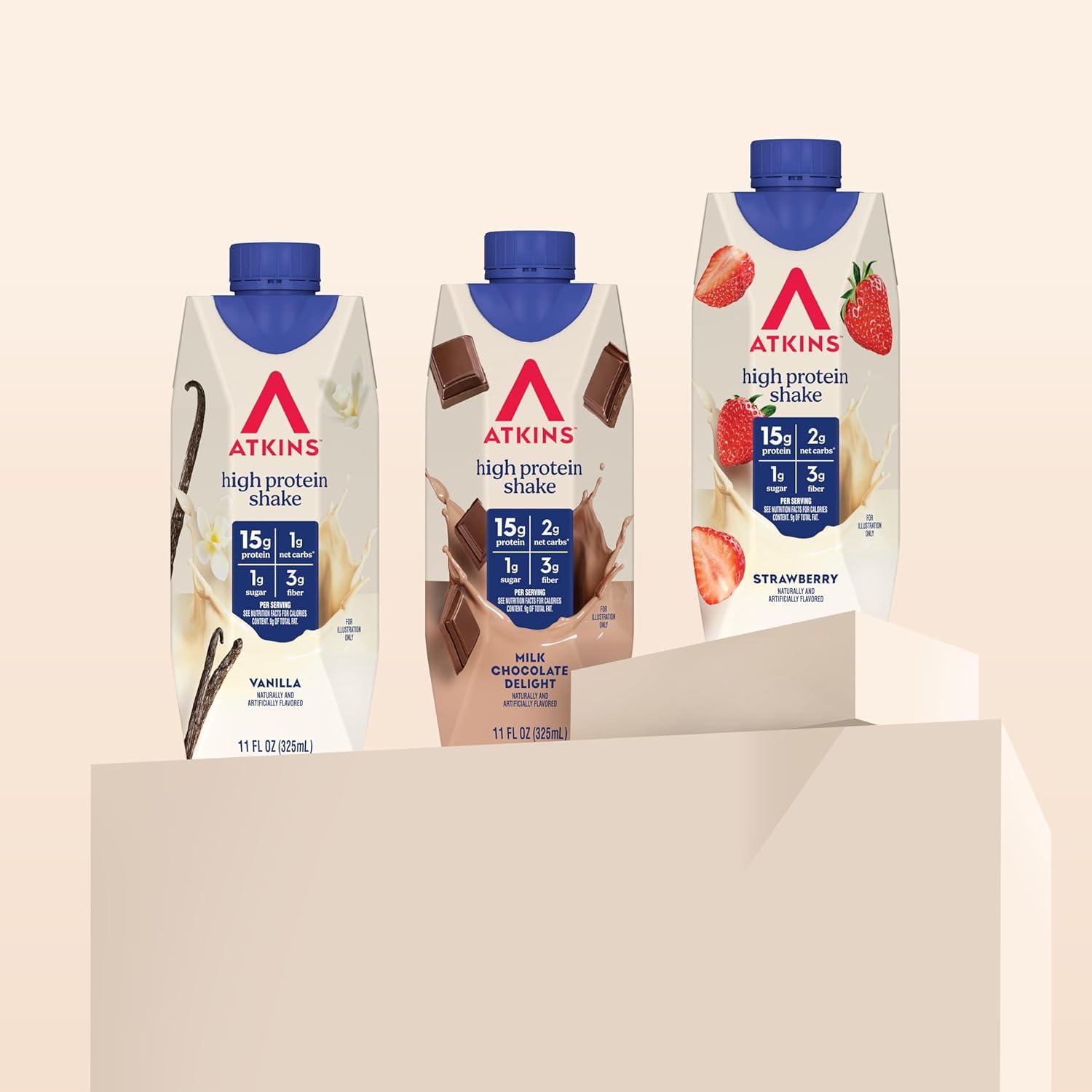 image:imageAtkins Dark Chocolate Royale Protein Shake High Protein Shakes Low Glycemic Low Carb and Low Sugar Chocolate Flavored Protein Shakes Keto Friendly 12 CountStrawberry Milk Chocolate Vanilla