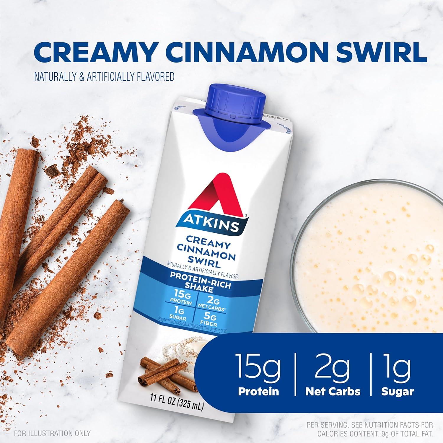image:imageAtkins Dark Chocolate Royale Protein Shake High Protein Shakes Low Glycemic Low Carb and Low Sugar Chocolate Flavored Protein Shakes Keto Friendly 12 CountCreamy Cinnamon Swirl
