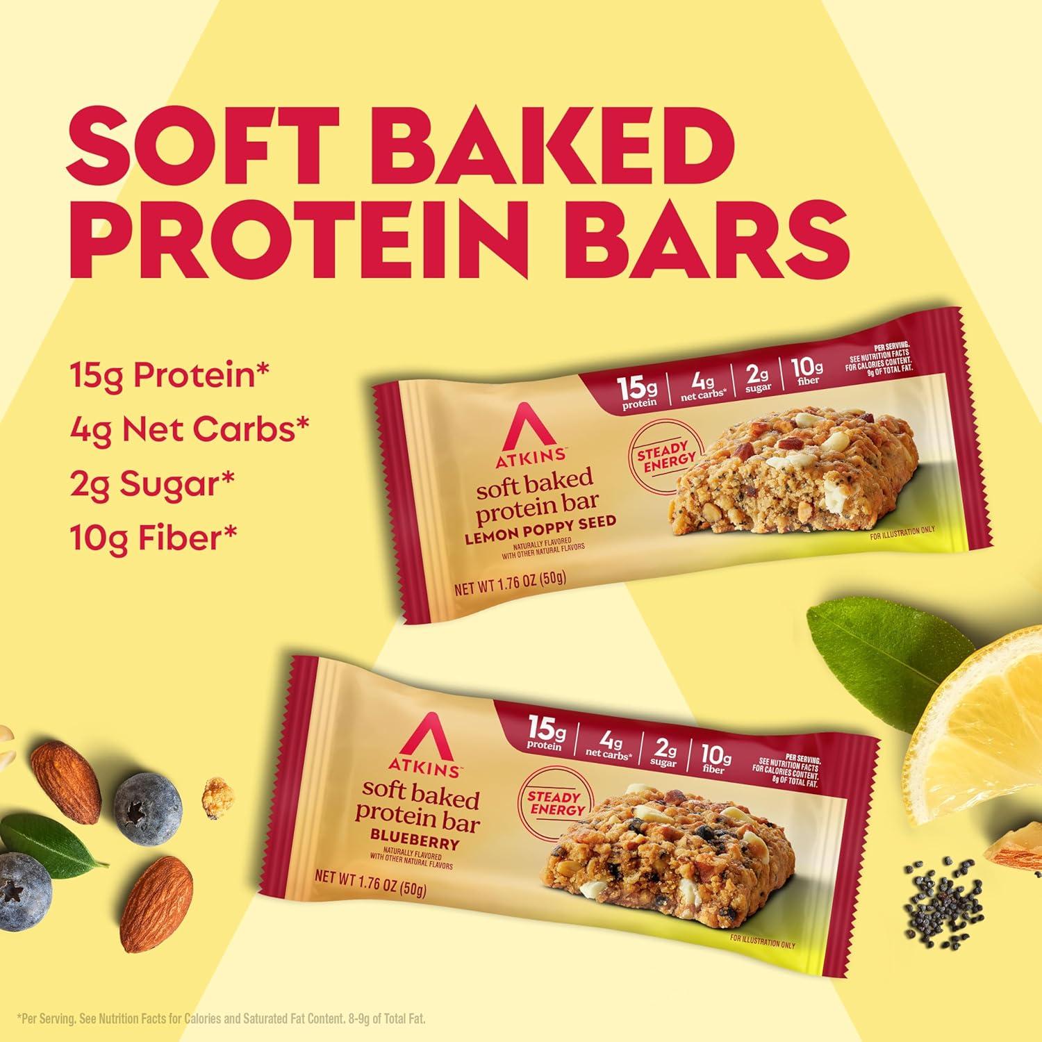 image:imageAtkins Soft Baked High Protein Bars Lemon Poppy Seed Flavor 15g Protein 4g Net Carbs 2g Sugar Keto Snacks Low Sugar Bars High Fiber Snacks 6 pack 4 bars eachBlueberry Lemon Poppyseed