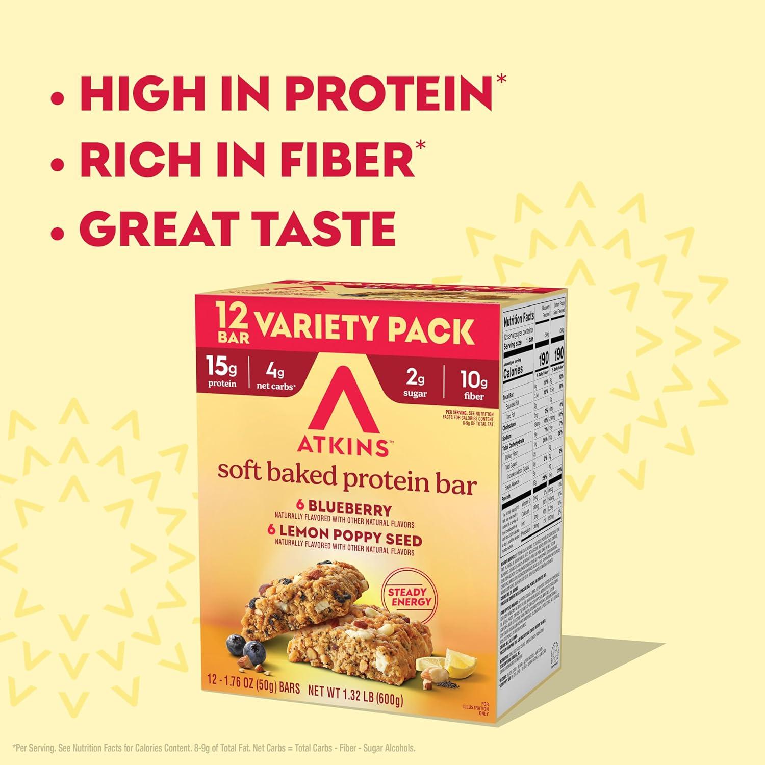 image:imageAtkins Soft Baked High Protein Bars Lemon Poppy Seed Flavor 15g Protein 4g Net Carbs 2g Sugar Keto Snacks Low Sugar Bars High Fiber Snacks 6 pack 4 bars eachBlueberry Lemon Poppyseed