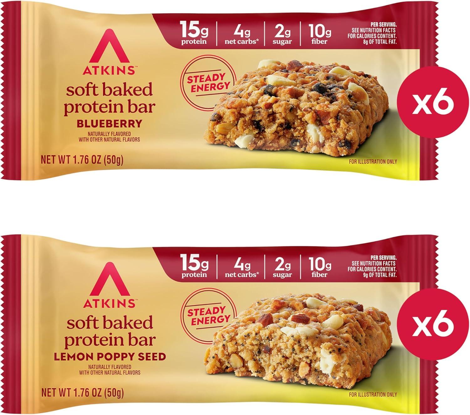 image:imageAtkins Soft Baked High Protein Bars Lemon Poppy Seed Flavor 15g Protein 4g Net Carbs 2g Sugar Keto Snacks Low Sugar Bars High Fiber Snacks 6 pack 4 bars eachBlueberry Lemon Poppyseed