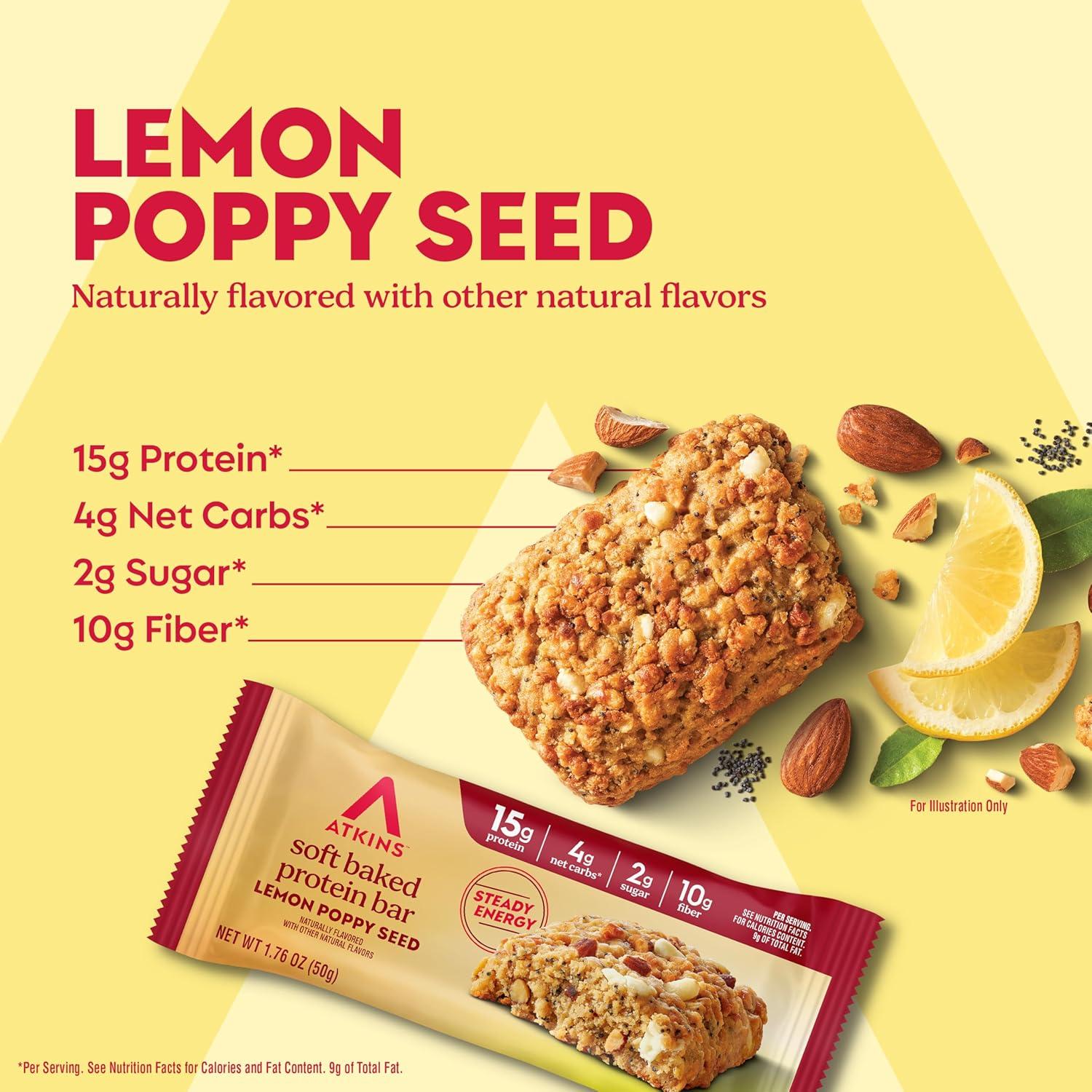image:imageAtkins Soft Baked High Protein Bars Lemon Poppy Seed Flavor 15g Protein 4g Net Carbs 2g Sugar Keto Snacks Low Sugar Bars High Fiber Snacks 6 pack 4 bars eachLemon Poppyseed