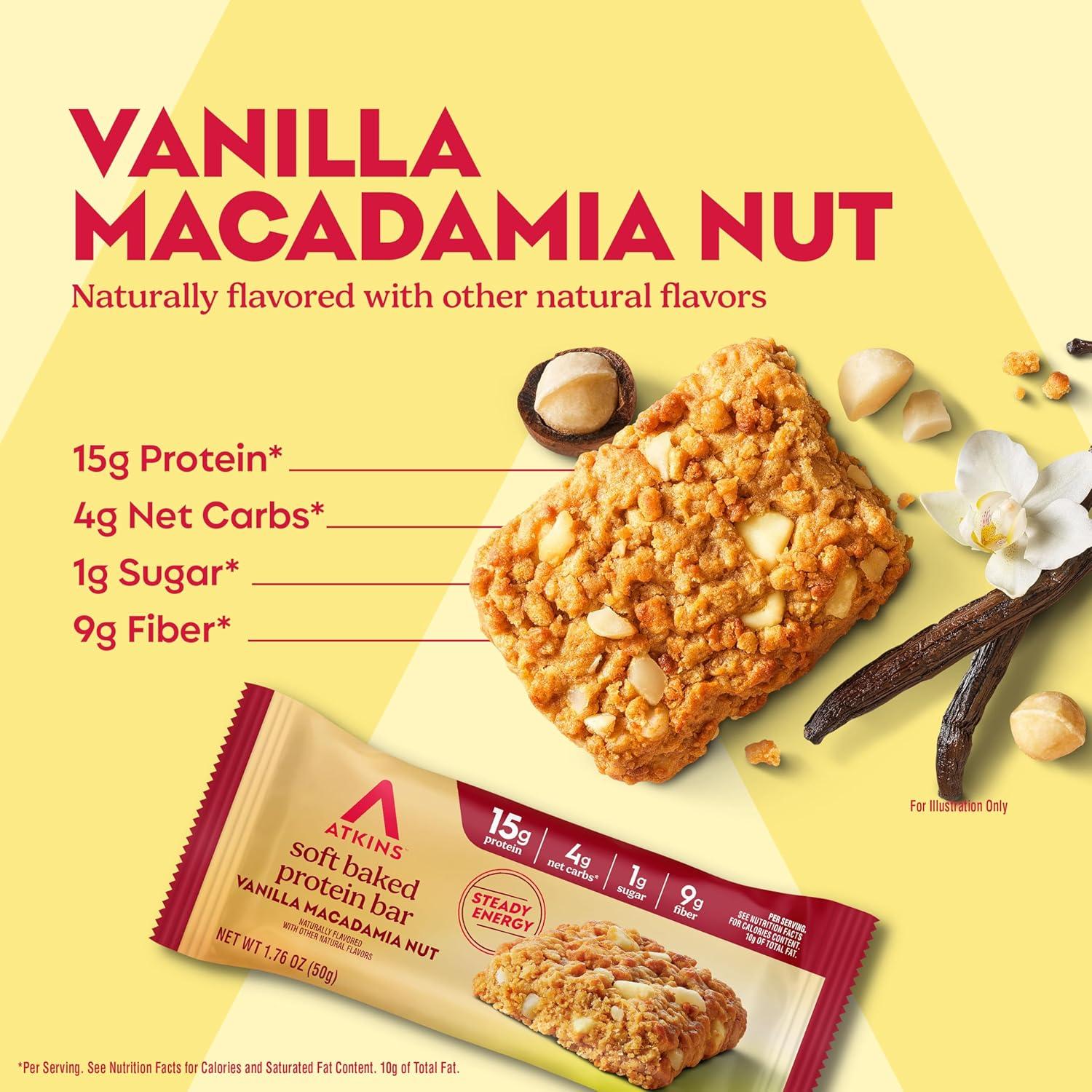 image:imageAtkins Soft Baked High Protein Bars Lemon Poppy Seed Flavor 15g Protein 4g Net Carbs 2g Sugar Keto Snacks Low Sugar Bars High Fiber Snacks 6 pack 4 bars eachVanilla Macadamia Nut