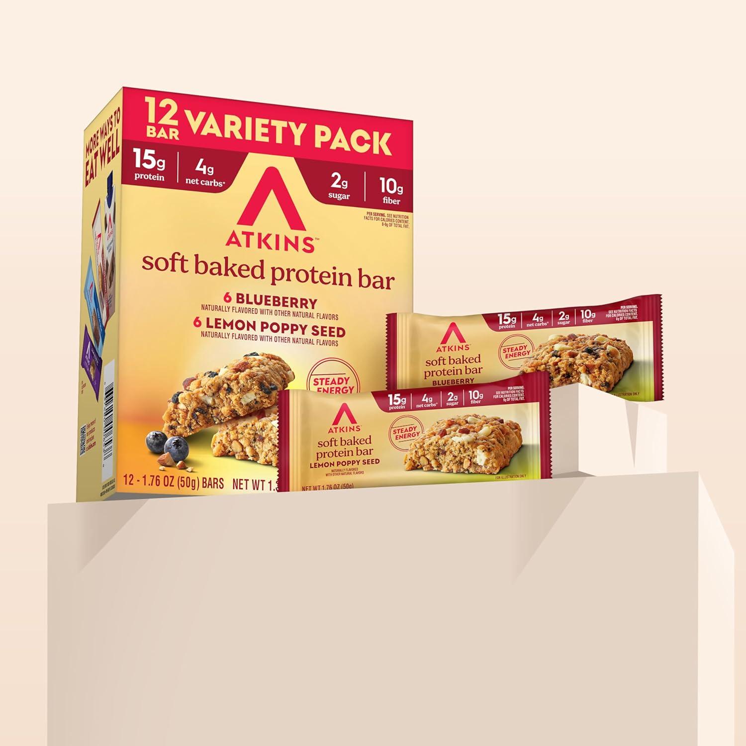 image:imageAtkins Soft Baked High Protein Bars Lemon Poppy Seed Flavor 15g Protein 4g Net Carbs 2g Sugar Keto Snacks Low Sugar Bars High Fiber Snacks 6 pack 4 bars eachBlueberry Lemon Poppyseed