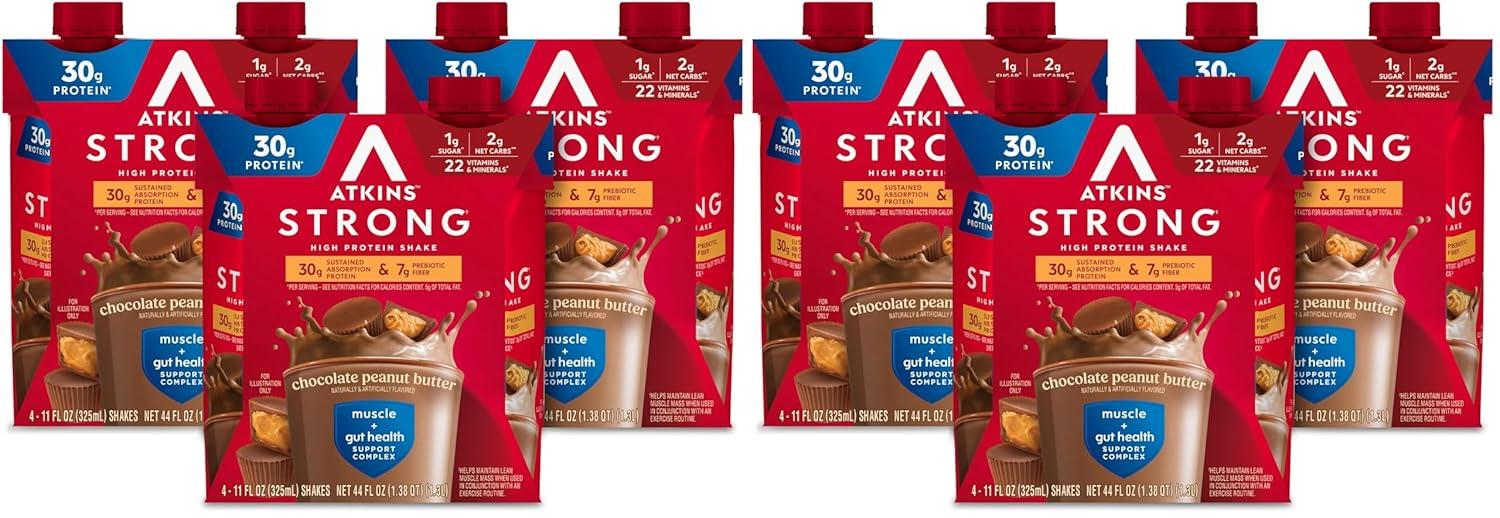 image:imageAtkins Strong High Protein Shake Chocolate Peanut Butter Flavor 30g Protein GLP1 Support Low Carb and Low Sugar Shake Keto Friendly Gluten Free Muscle and Gut Health Support 12 CountChocolate Peanut Butter