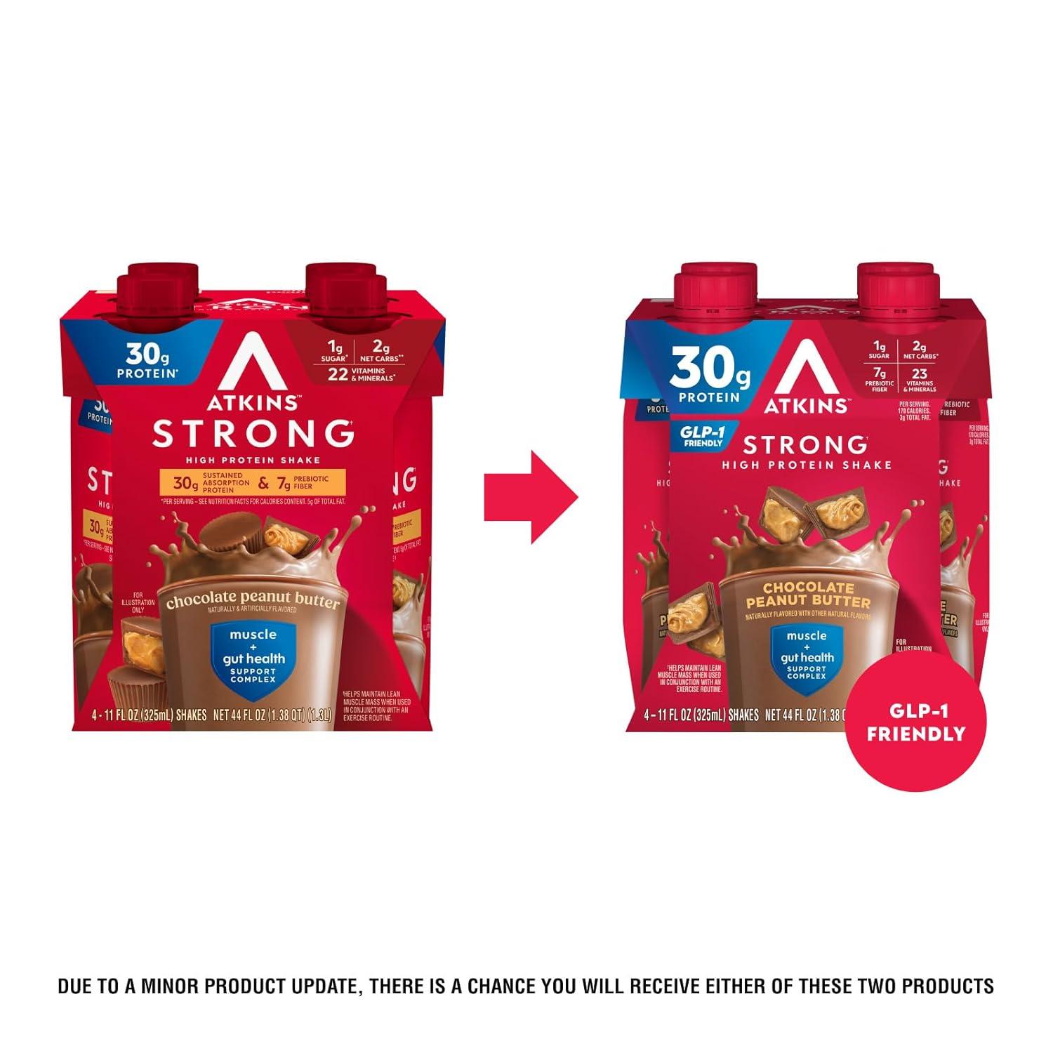 image:imageAtkins Strong High Protein Shake Chocolate Peanut Butter Flavor 30g Protein GLP1 Support Low Carb and Low Sugar Shake Keto Friendly Gluten Free Muscle and Gut Health Support 12 CountChocolate Peanut Butter