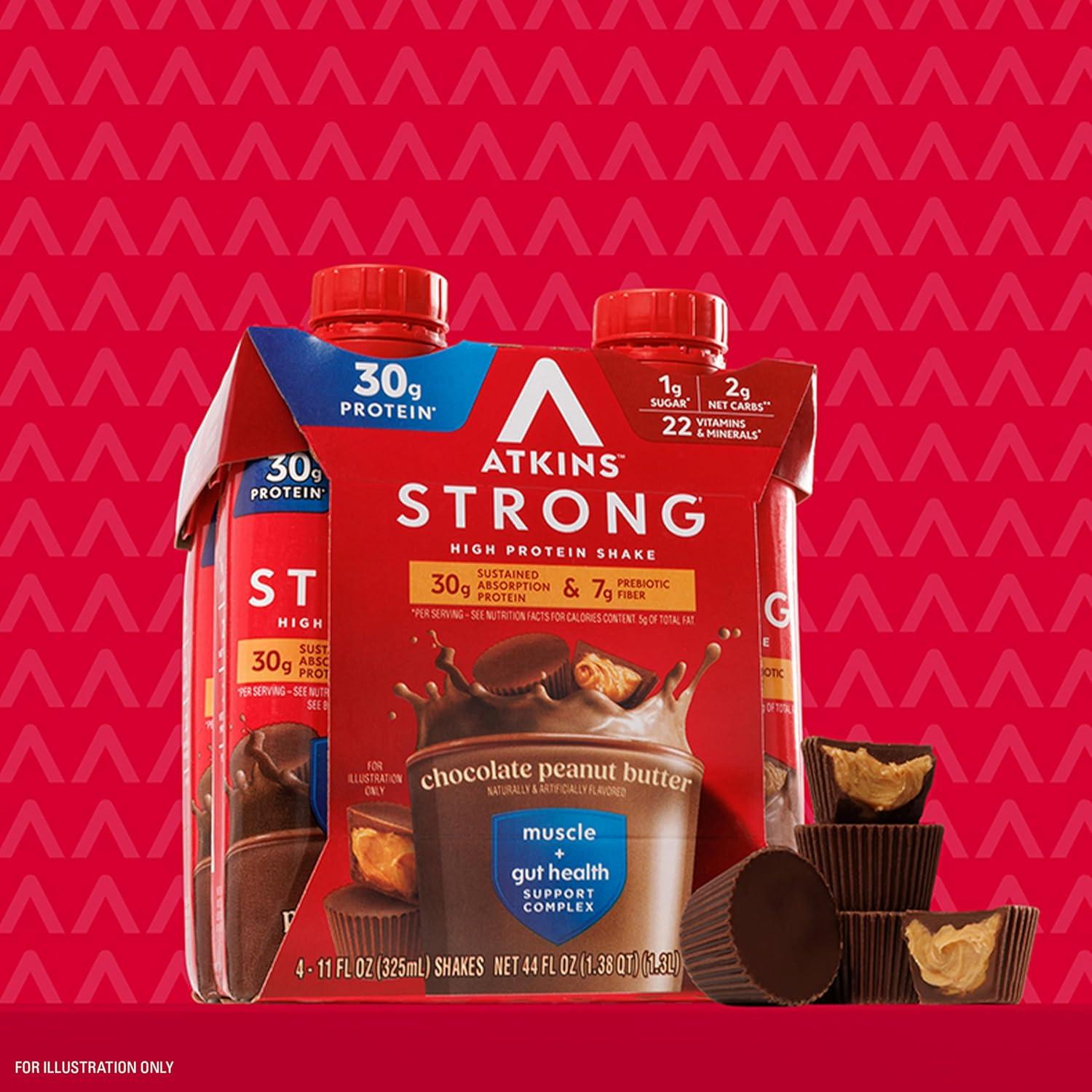 image:imageAtkins Strong High Protein Shake Chocolate Peanut Butter Flavor 30g Protein GLP1 Support Low Carb and Low Sugar Shake Keto Friendly Gluten Free Muscle and Gut Health Support 12 CountChocolate Peanut Butter