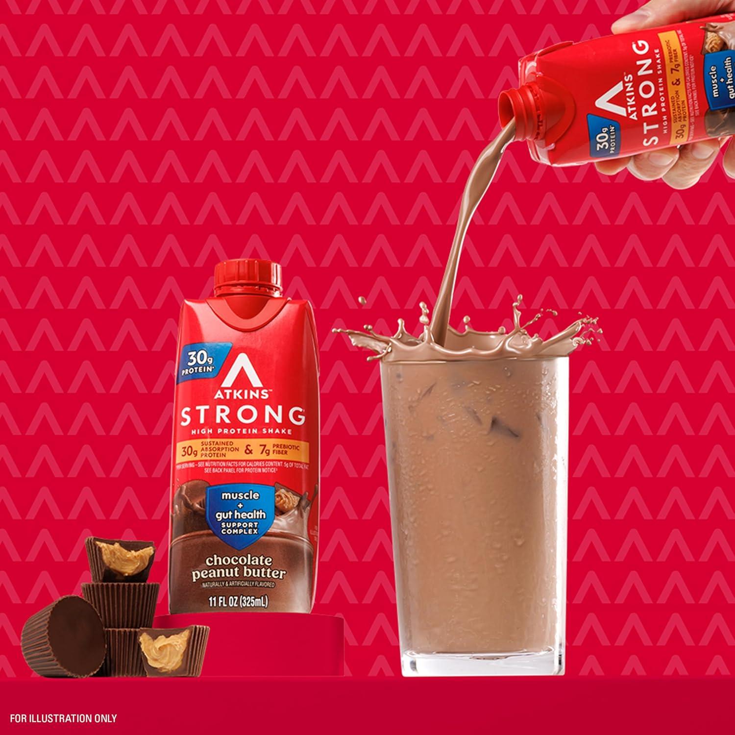 image:imageAtkins Strong High Protein Shake Chocolate Peanut Butter Flavor 30g Protein GLP1 Support Low Carb and Low Sugar Shake Keto Friendly Gluten Free Muscle and Gut Health Support 12 CountChocolate Peanut Butter