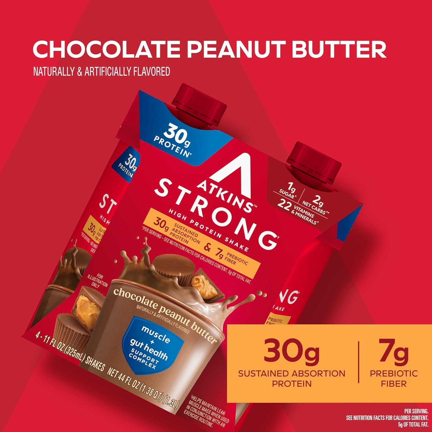 image:imageAtkins Strong High Protein Shake Chocolate Peanut Butter Flavor 30g Protein GLP1 Support Low Carb and Low Sugar Shake Keto Friendly Gluten Free Muscle and Gut Health Support 12 CountChocolate Peanut Butter