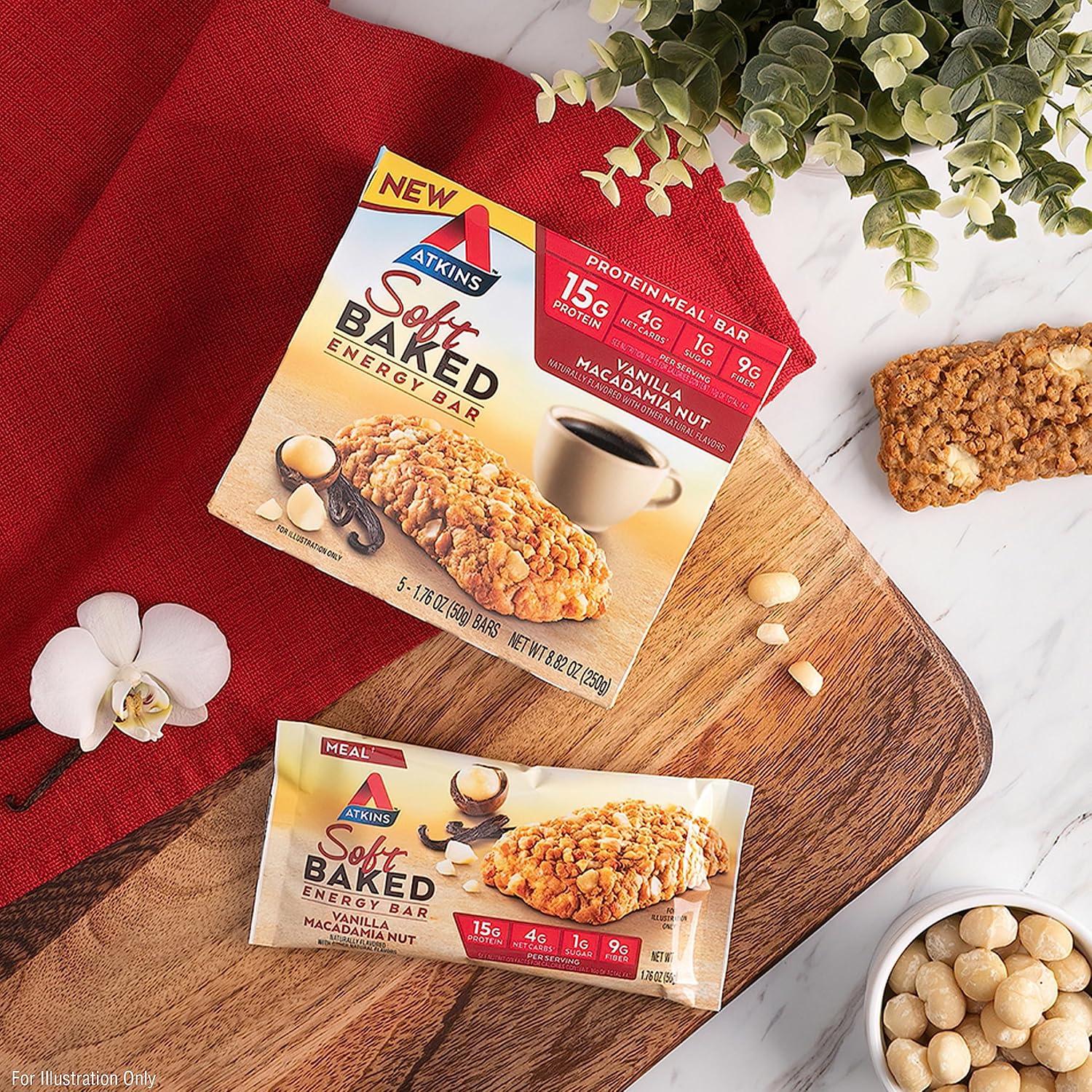 image:imageAtkins Vanilla Macadamia Nut Flavored Soft Baked Energy Bars High in Protein Low Sugar High Fiber Snack Protein Snack 4 Packs 4 Bars EachVanilla Macadamia Nut