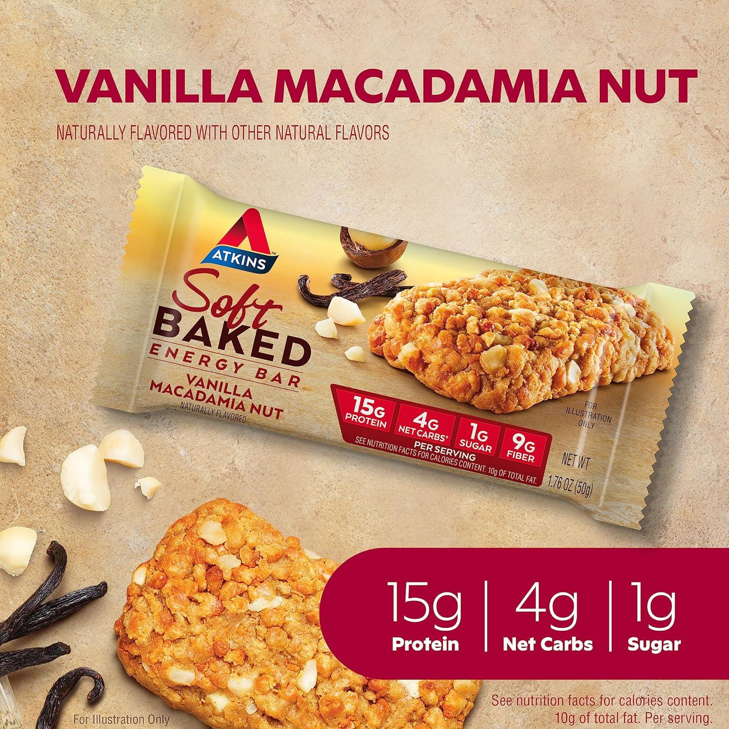 image:imageAtkins Vanilla Macadamia Nut Flavored Soft Baked Energy Bars High in Protein Low Sugar High Fiber Snack Protein Snack 4 Packs 4 Bars EachVanilla Macadamia Nut