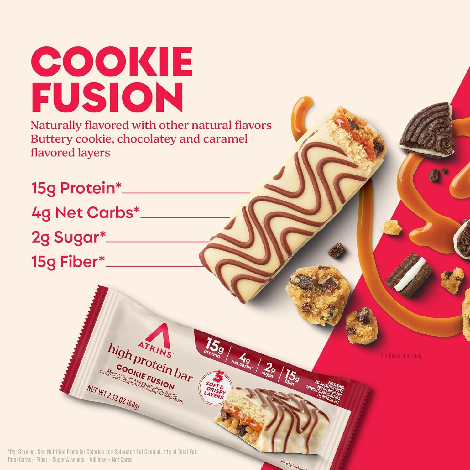 image:imageNew Atkins High Protein Bars Brownie Delight Flavor 15g of Protein 4g Net Carbs 4 Count Pack of 3Cookie Fusion