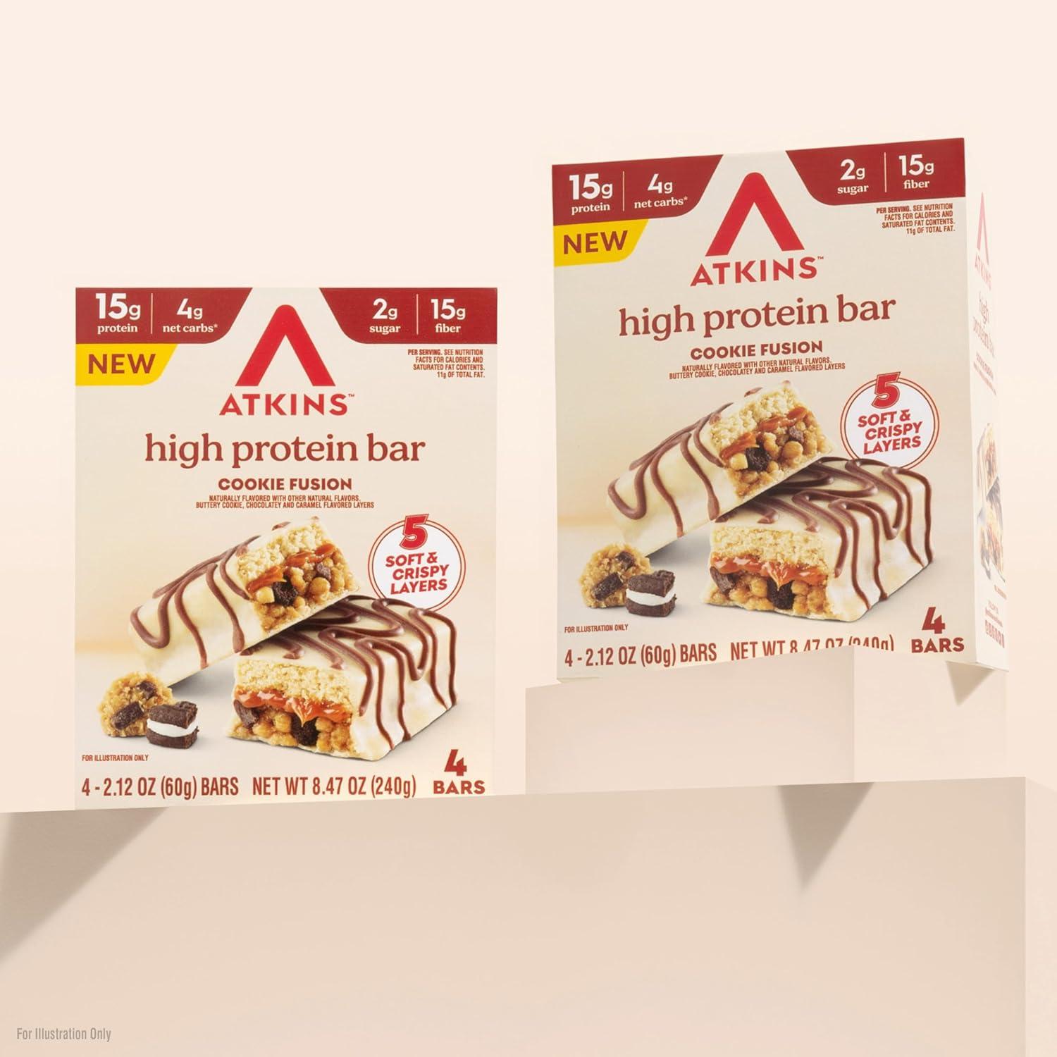 image:imageNew Atkins High Protein Bars Brownie Delight Flavor 15g of Protein 4g Net Carbs 4 Count Pack of 3Cookie Fusion