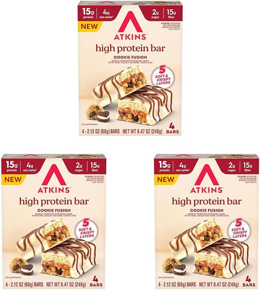 image:imageNew Atkins High Protein Bars Brownie Delight Flavor 15g of Protein 4g Net Carbs 4 Count Pack of 3Cookie Fusion