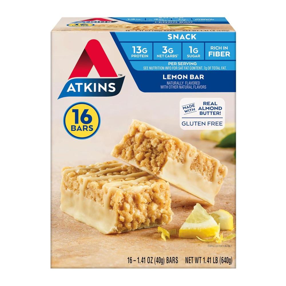 image:imageAtkins Caramel Chocolate Nut Roll Snack Bar Protein Snack 7g Protein 2g Sugar High Fiber Snack 16 CountLemon Bar
