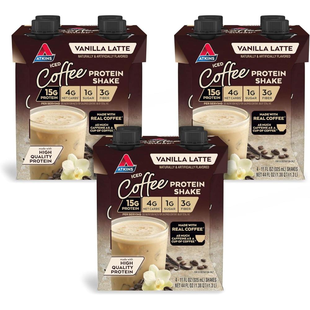 image:imageAtkins Chai Tea Latte Flavored Protein Shake High Protein Shake Low Glycemic Low Carb Low Sugar Keto Friendly Gluten Free Ready to Drink Protein Shake 12 count 3 sets of 4Vanilla Latte