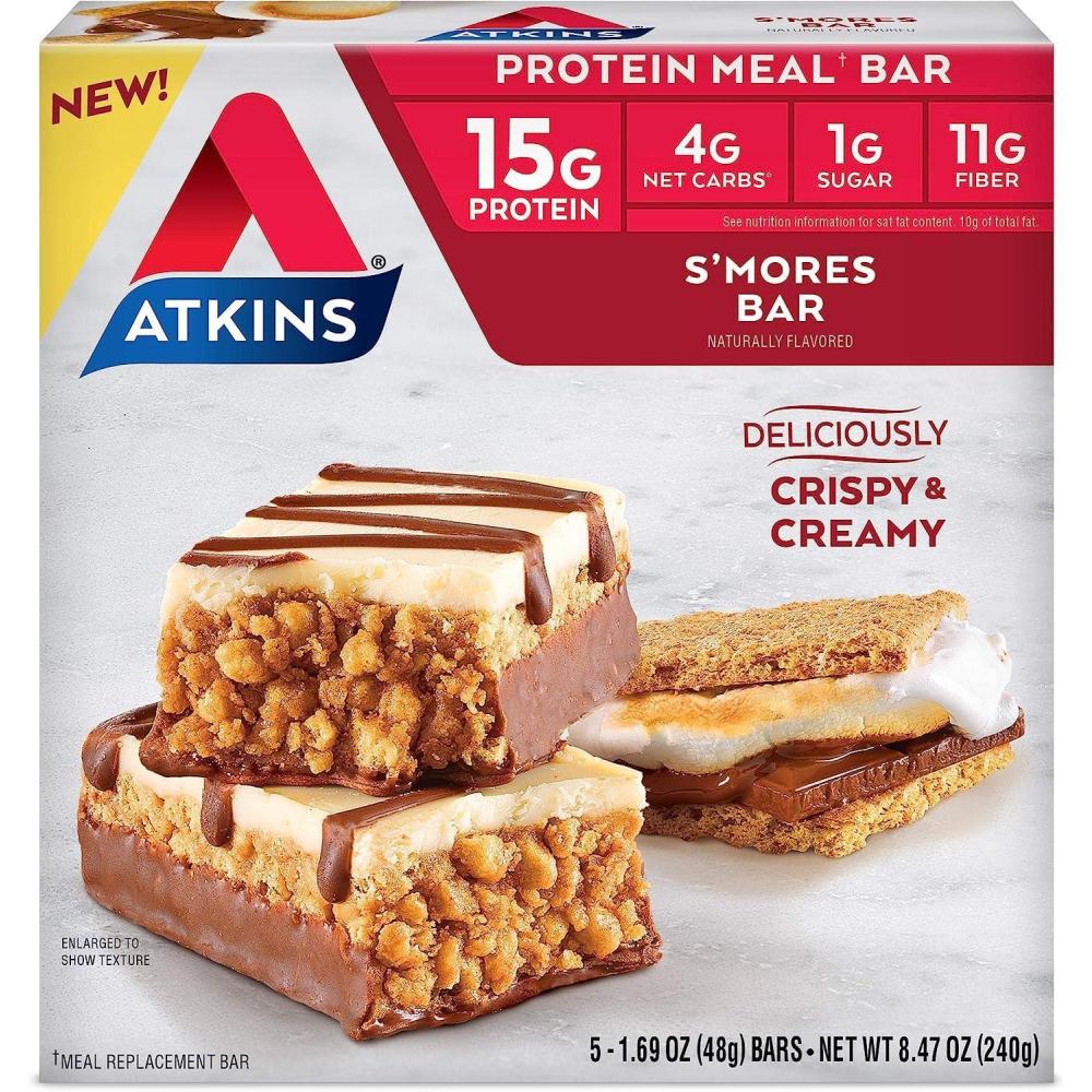 image:imageAtkins Chocolate Almond Caramel High Protein Bars Keto Snacks 15g Protein 3g Net Carbs 1g Sugar Gluten Free Protein Bars High Fiber Snacks Low Sugar 4 Count Pack of 6Smores
