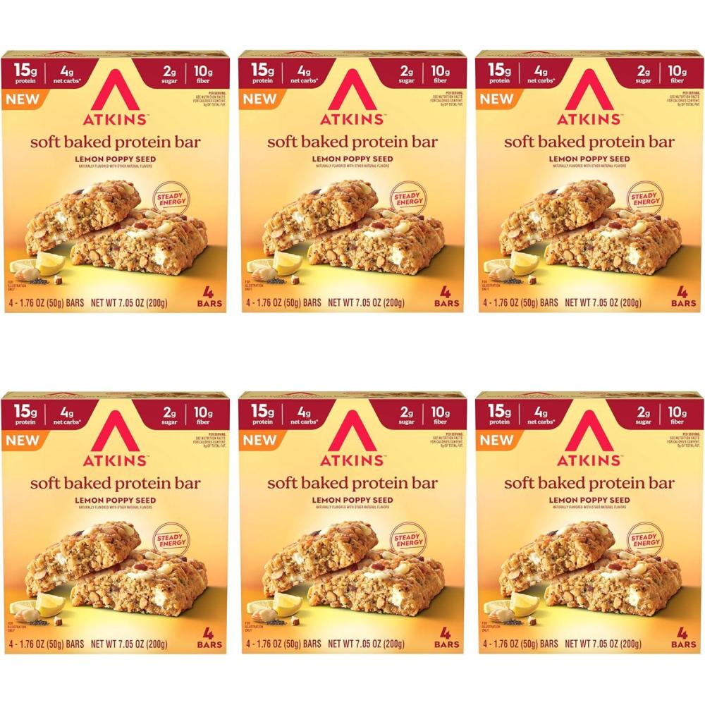 image:imageAtkins Soft Baked High Protein Bars Lemon Poppy Seed Flavor 15g Protein 4g Net Carbs 2g Sugar Keto Snacks Low Sugar Bars High Fiber Snacks 6 pack 4 bars eachLemon Poppyseed