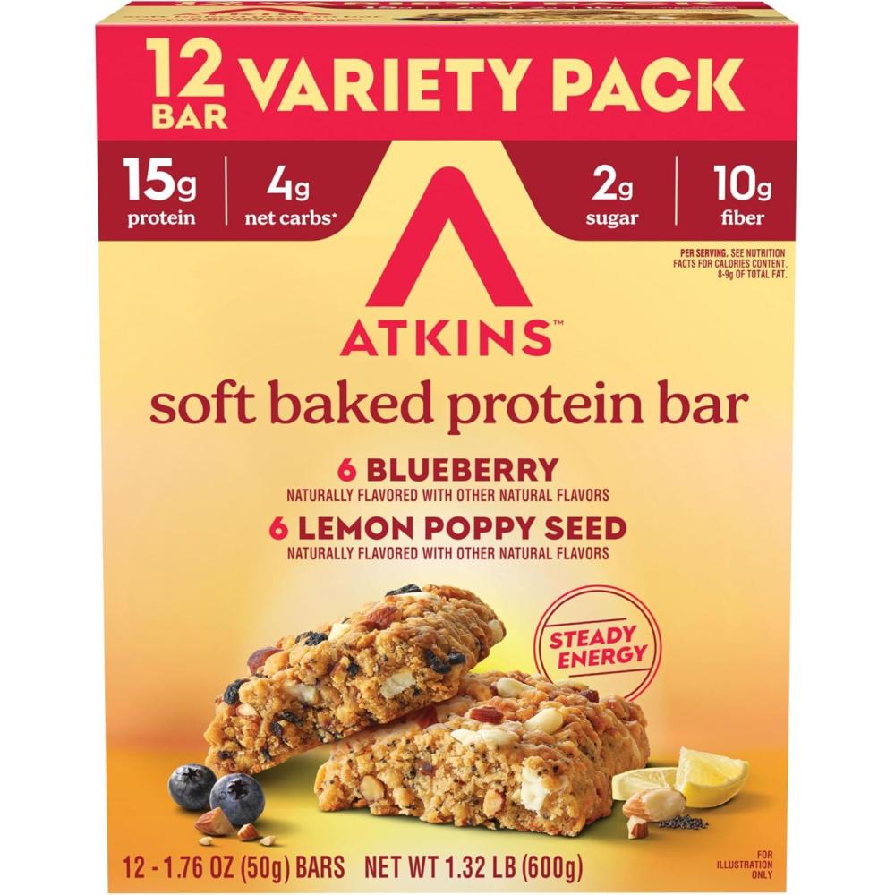 image:imageAtkins Soft Baked High Protein Bars Lemon Poppy Seed Flavor 15g Protein 4g Net Carbs 2g Sugar Keto Snacks Low Sugar Bars High Fiber Snacks 6 pack 4 bars eachBlueberry Lemon Poppyseed